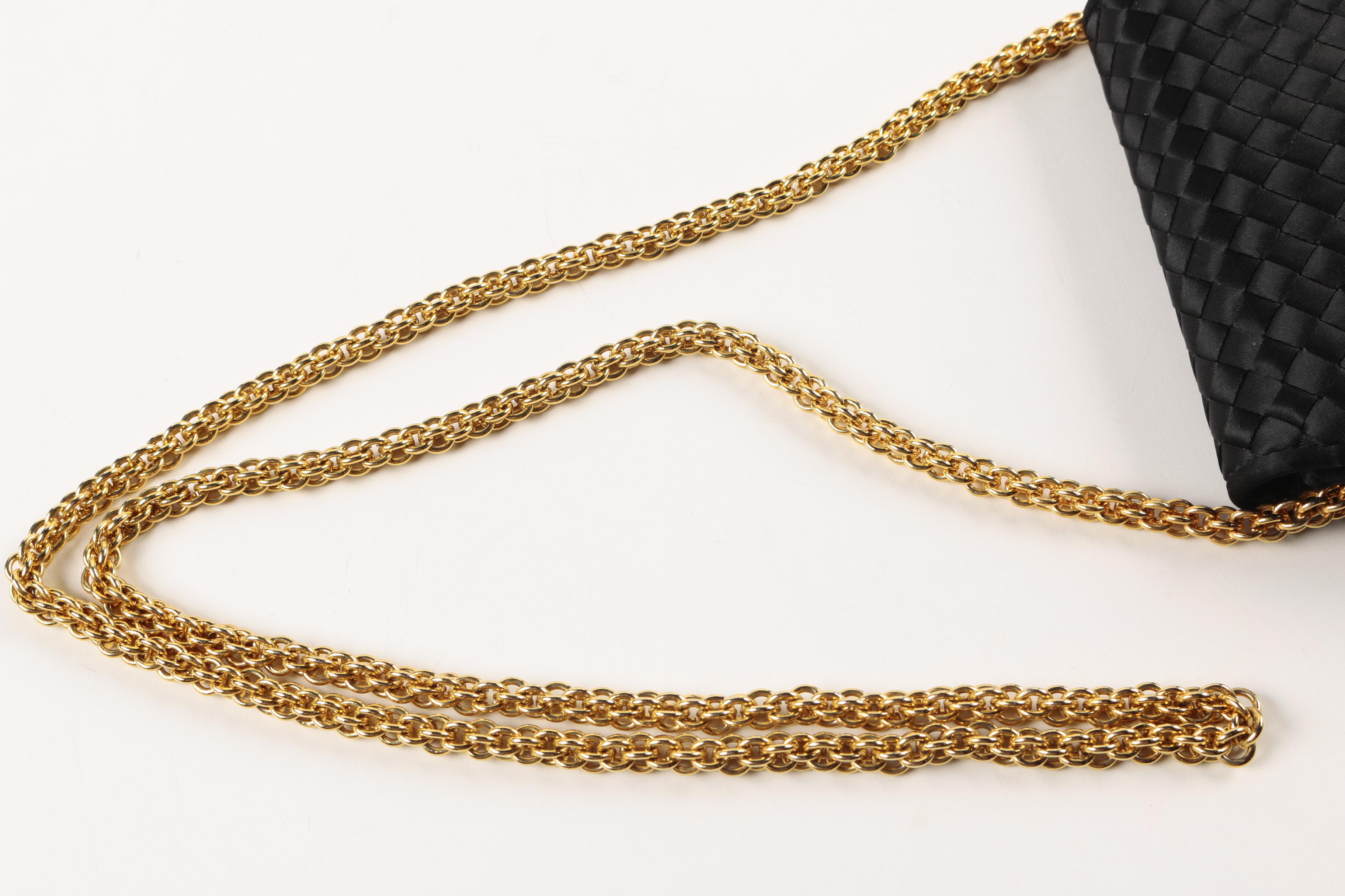 Siso Black Satin Evening Bag with Gold Tone Chain Strap