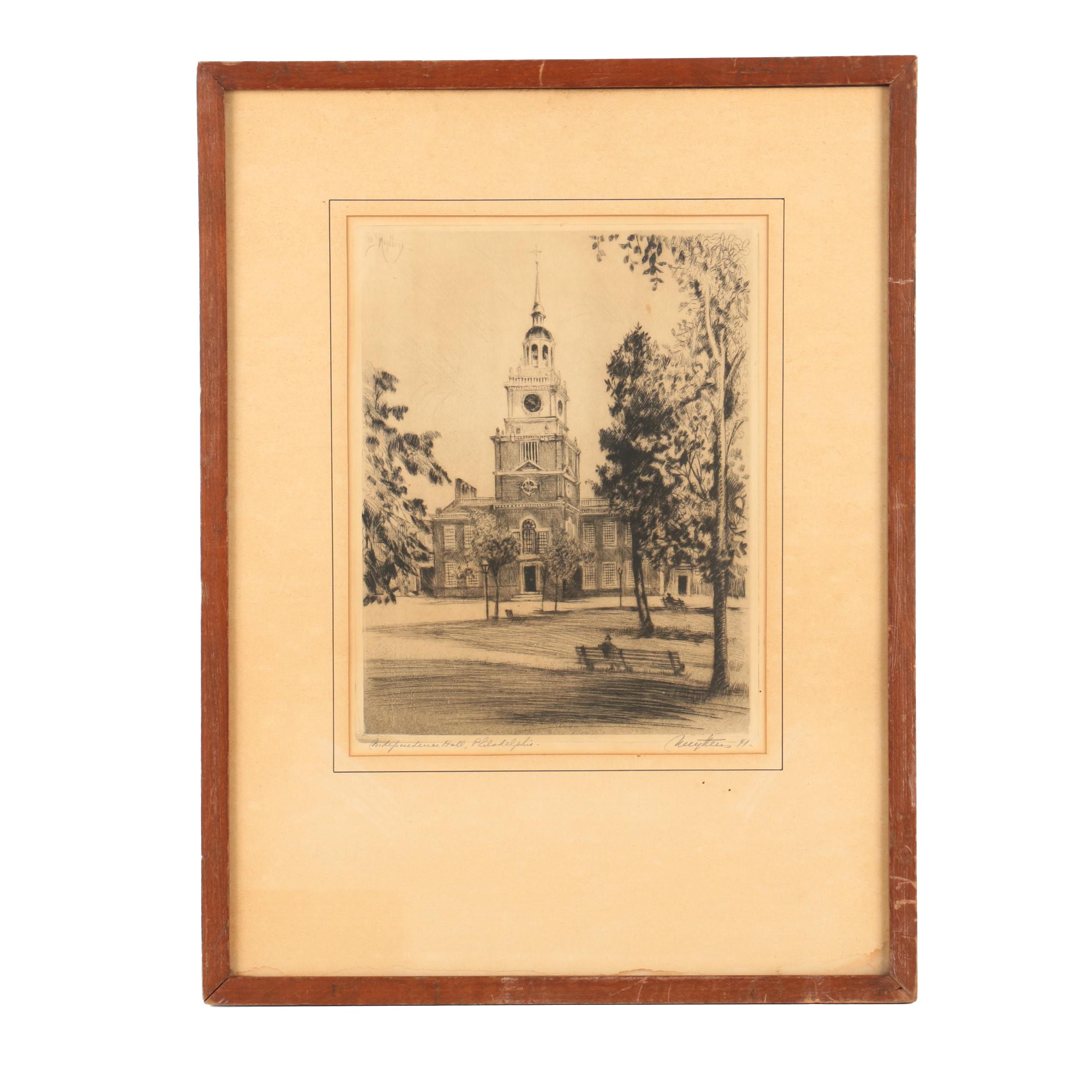 Josef Pierre Nuyttens Drypoint on Paper "Independence Hall, Philadelphia"