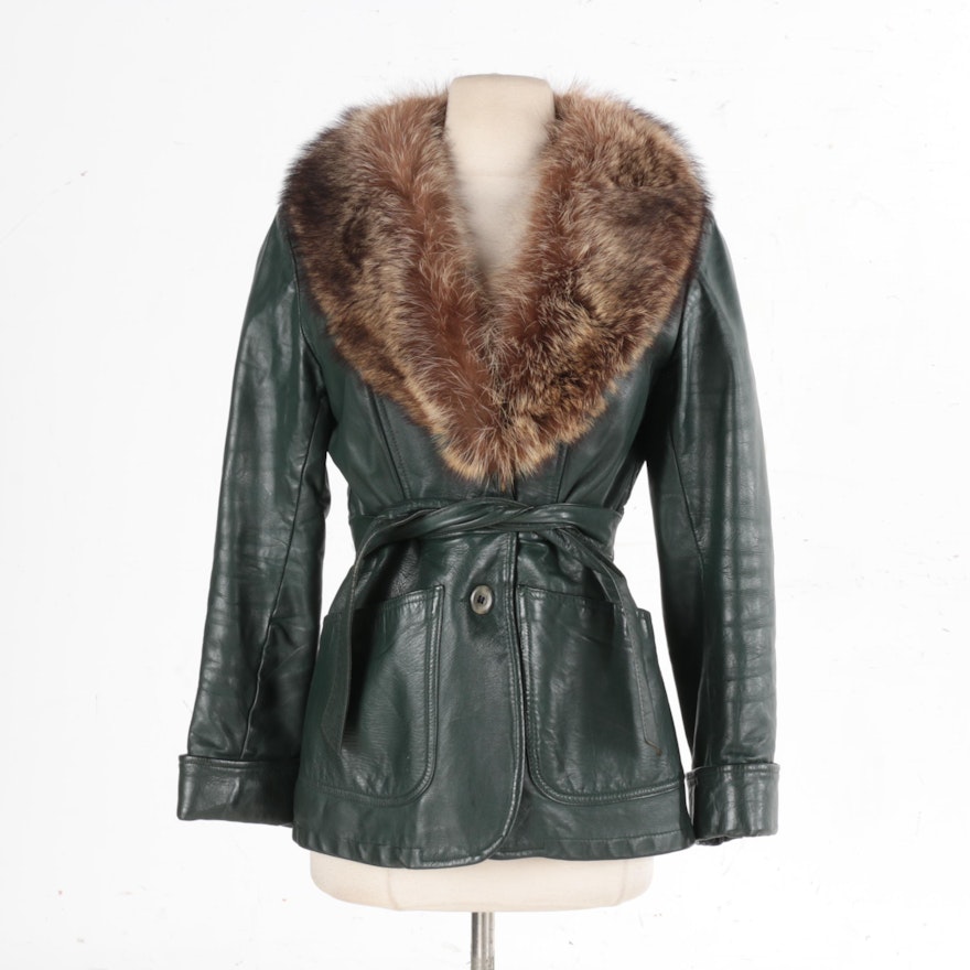 Women's Leather Jacket with a Raccoon Fur Collar