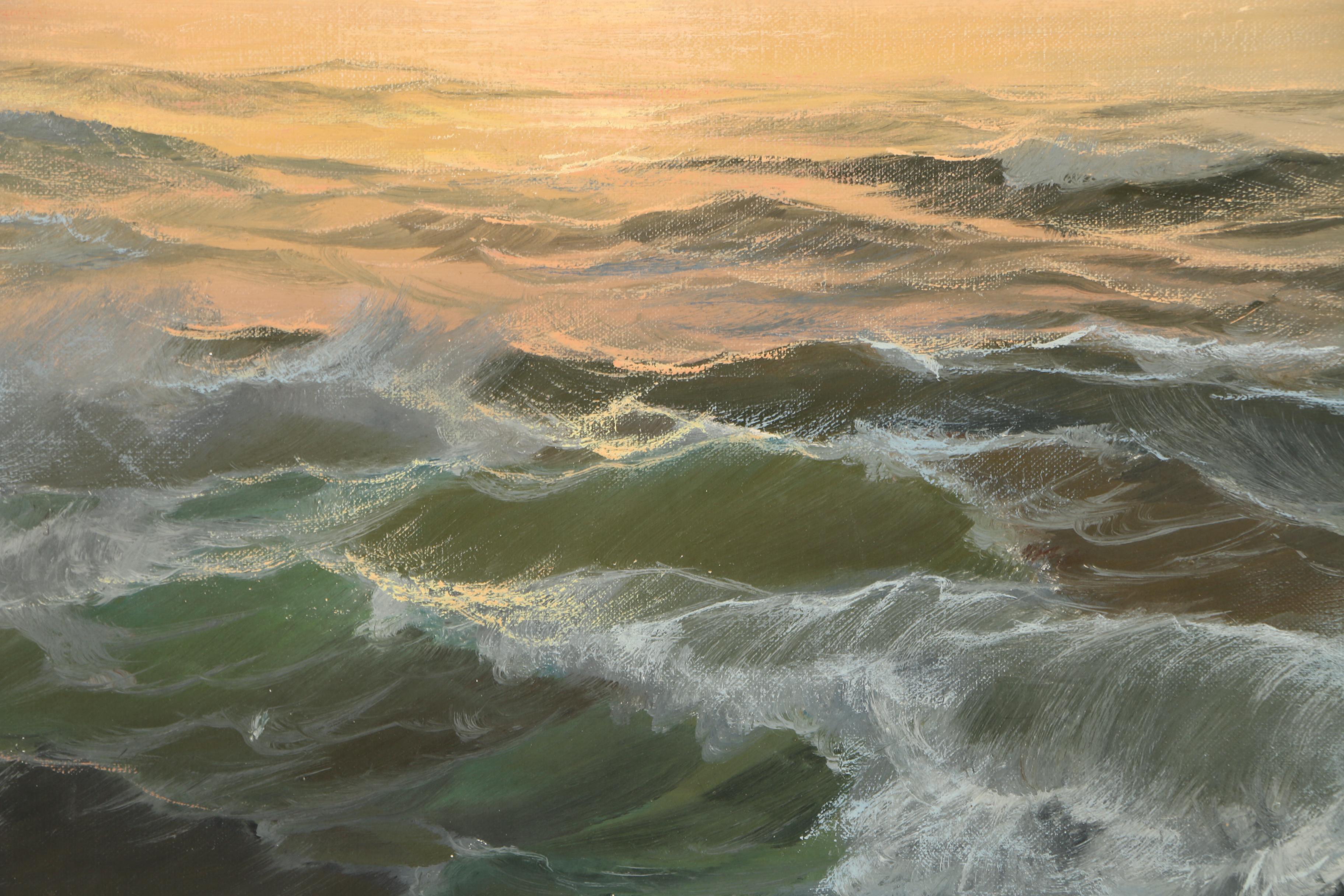 V. Berk Vintage Oil Painting on Canvas of an Ocean at Dusk
