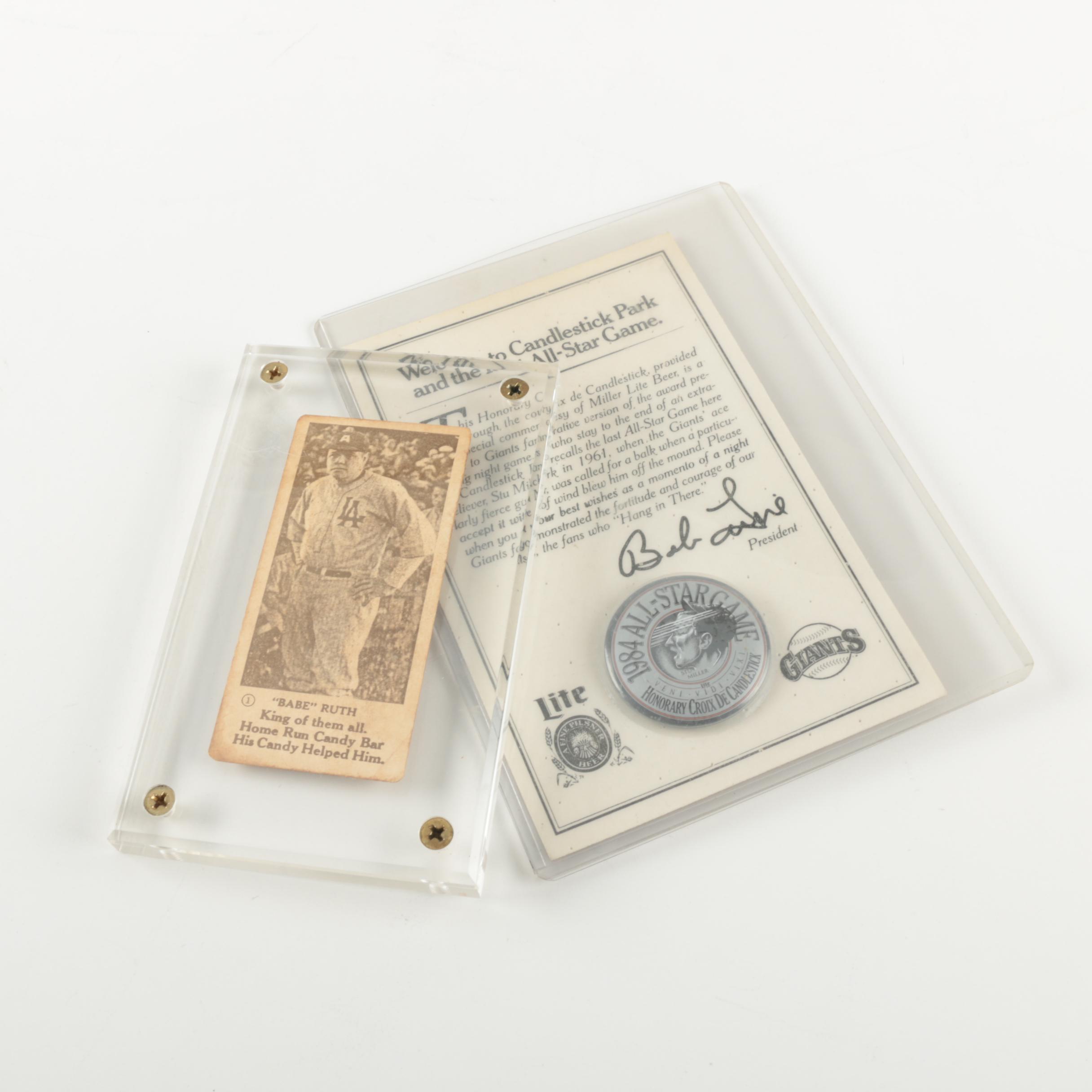 "Babe" Ruth Candy Bar Card And Candlestick Park Honorary Croix De Candlestick