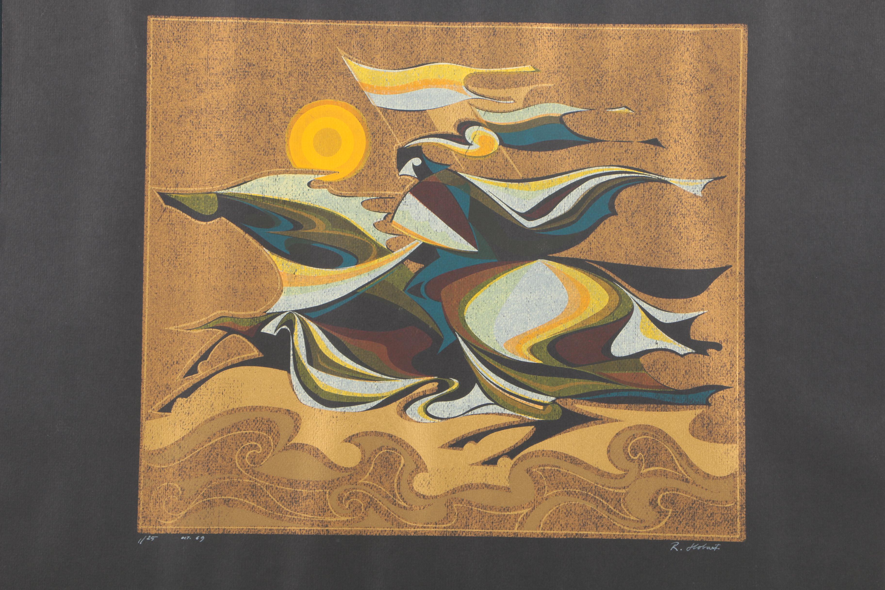 R. Hobart Serigraph of Abstract Knight with Flag on Horse