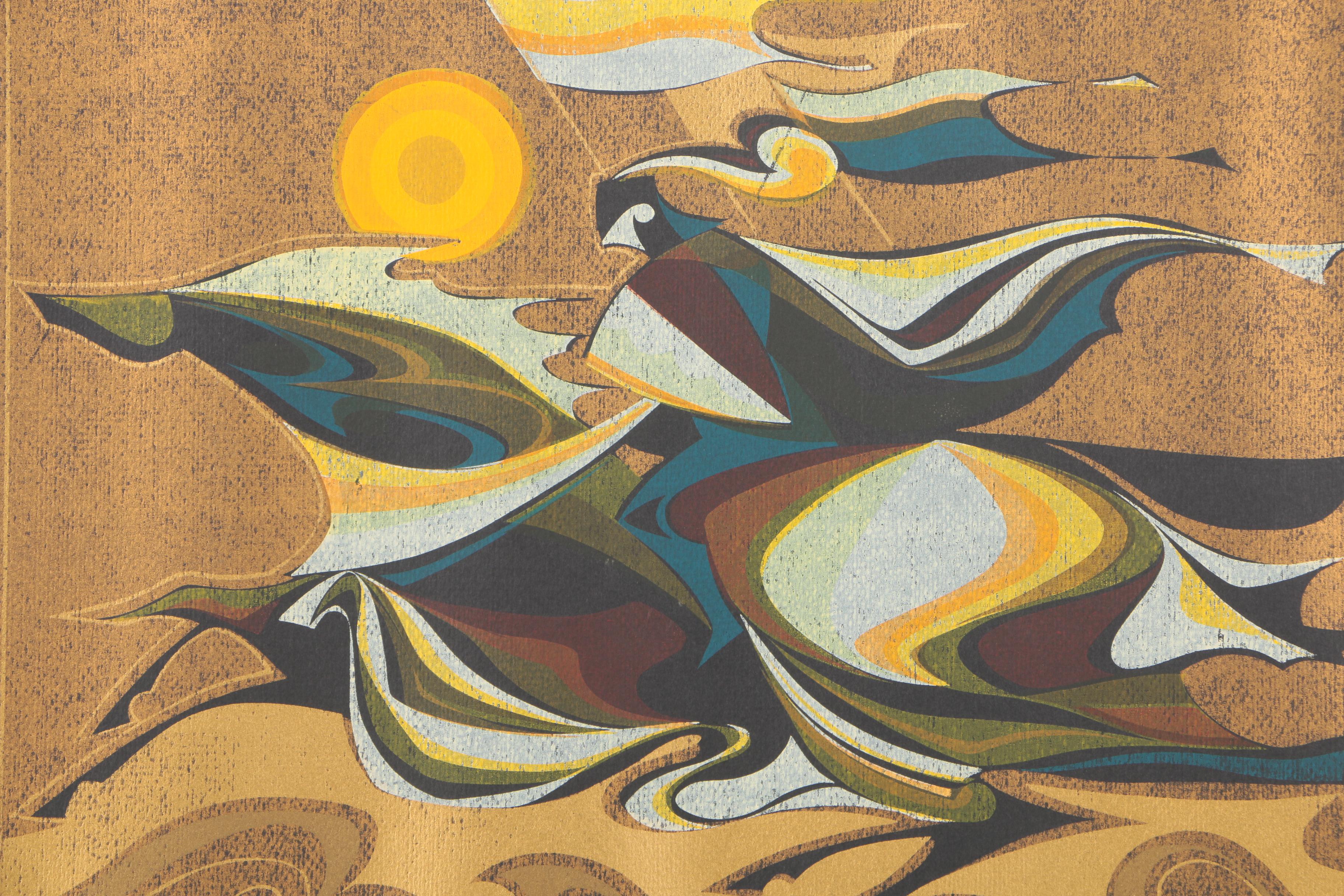 R. Hobart Serigraph of Abstract Knight with Flag on Horse