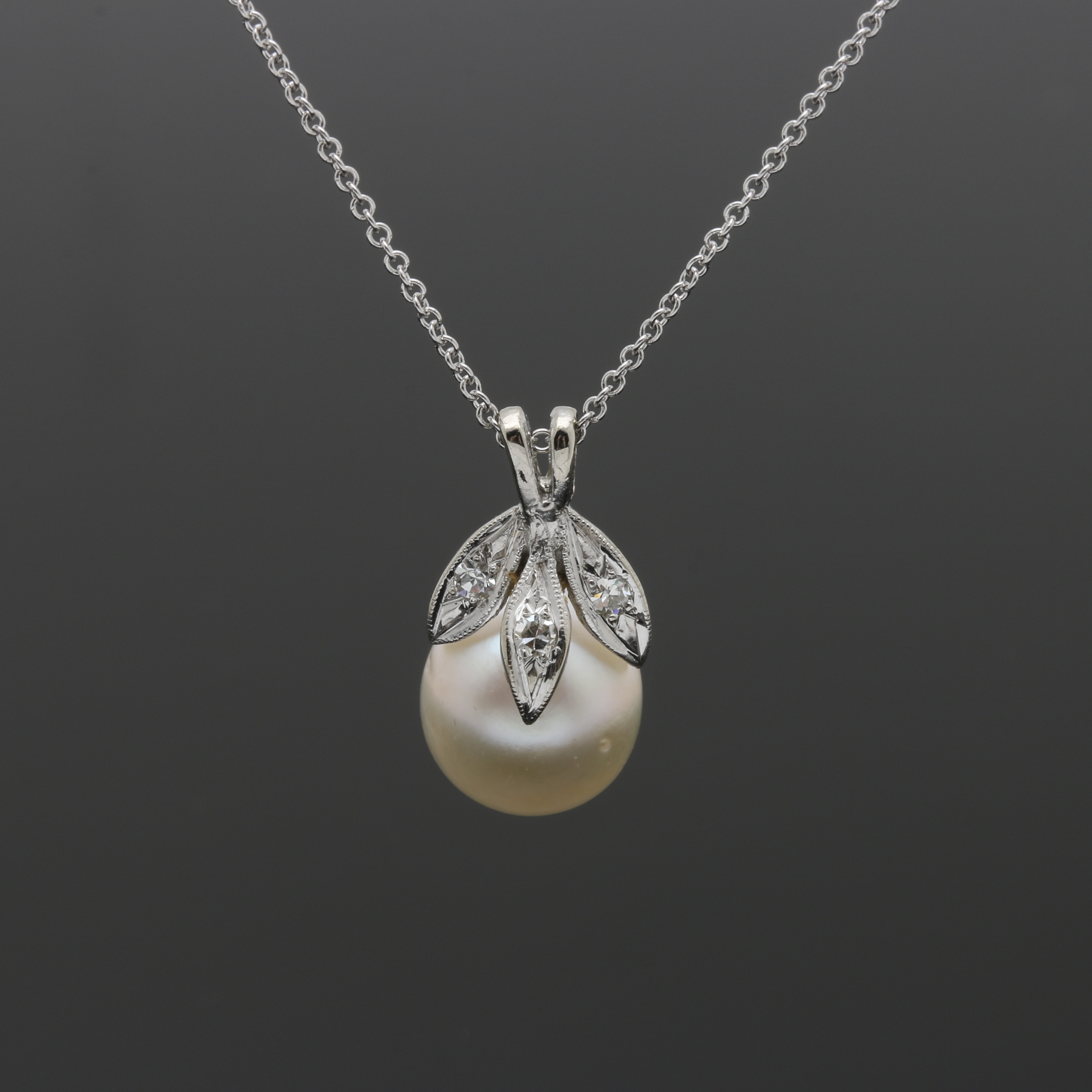 14K White Gold Cultured Pearl and Diamond Necklace