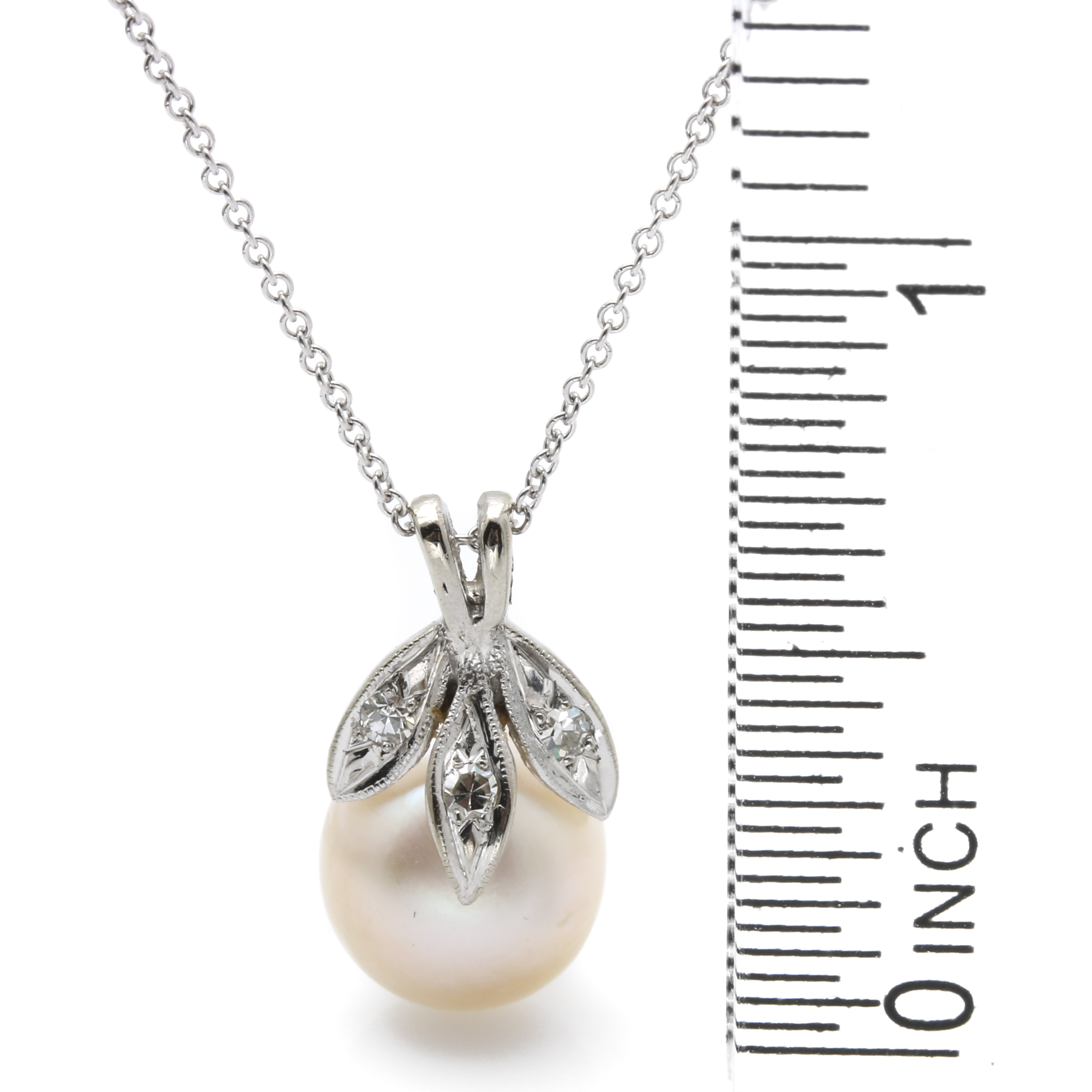 14K White Gold Cultured Pearl and Diamond Necklace