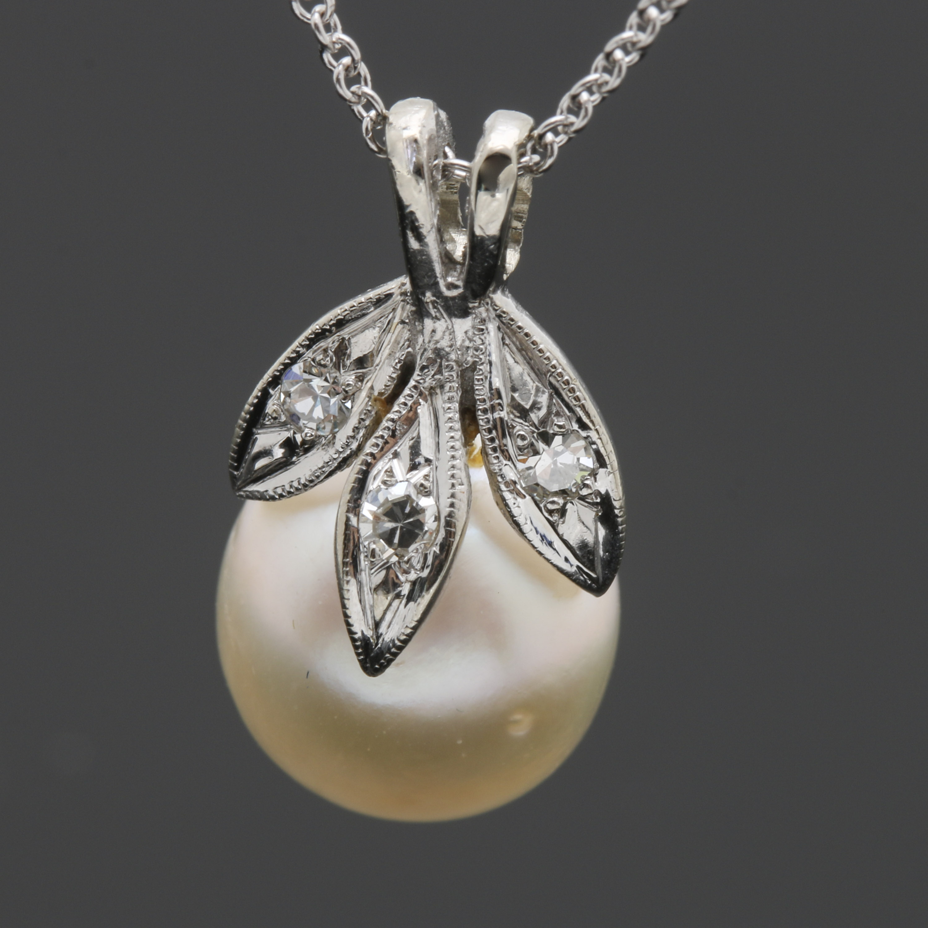 14K White Gold Cultured Pearl and Diamond Necklace
