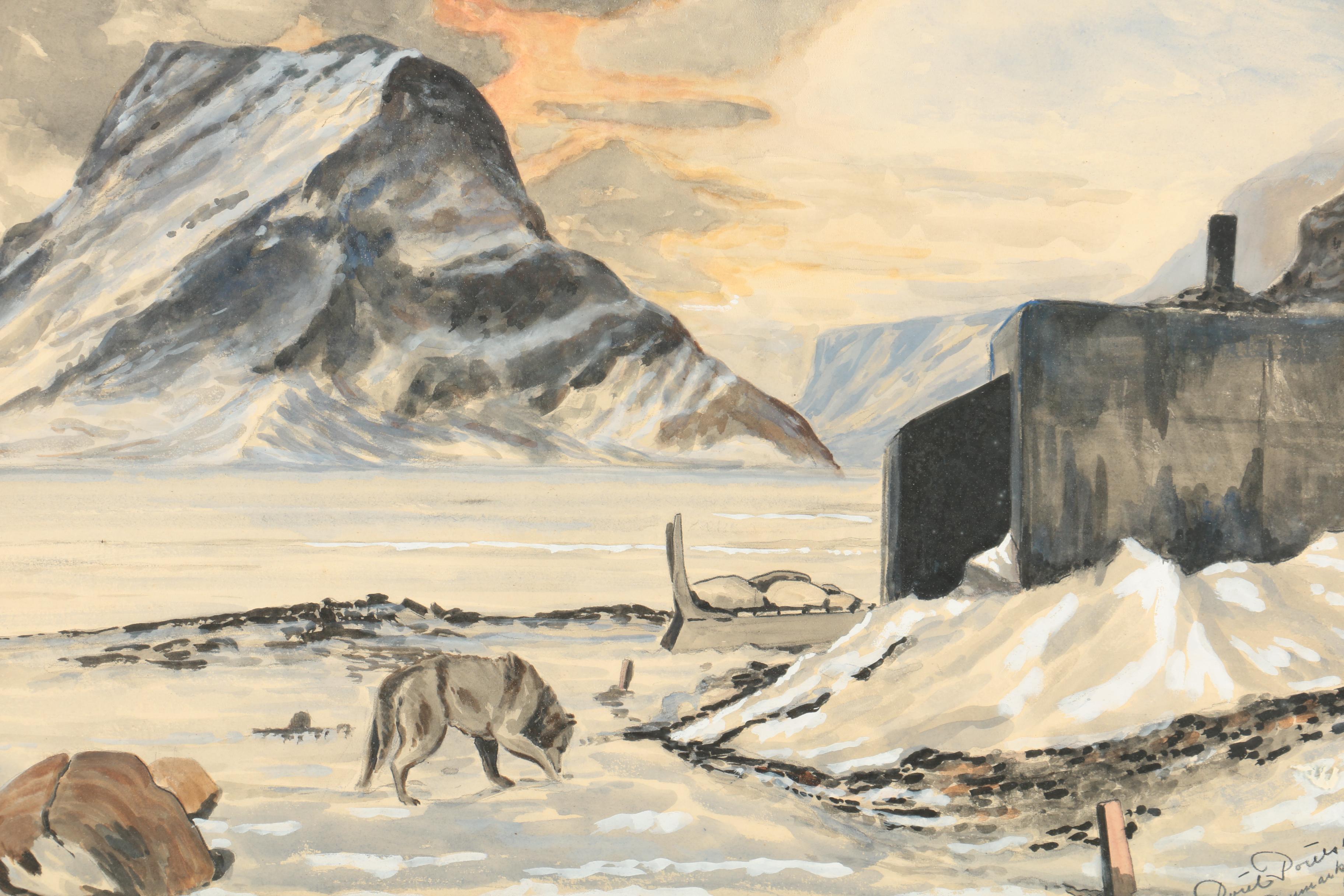 Poul Poulsen Watercolor and Gouache Painting of a Northern Outpost