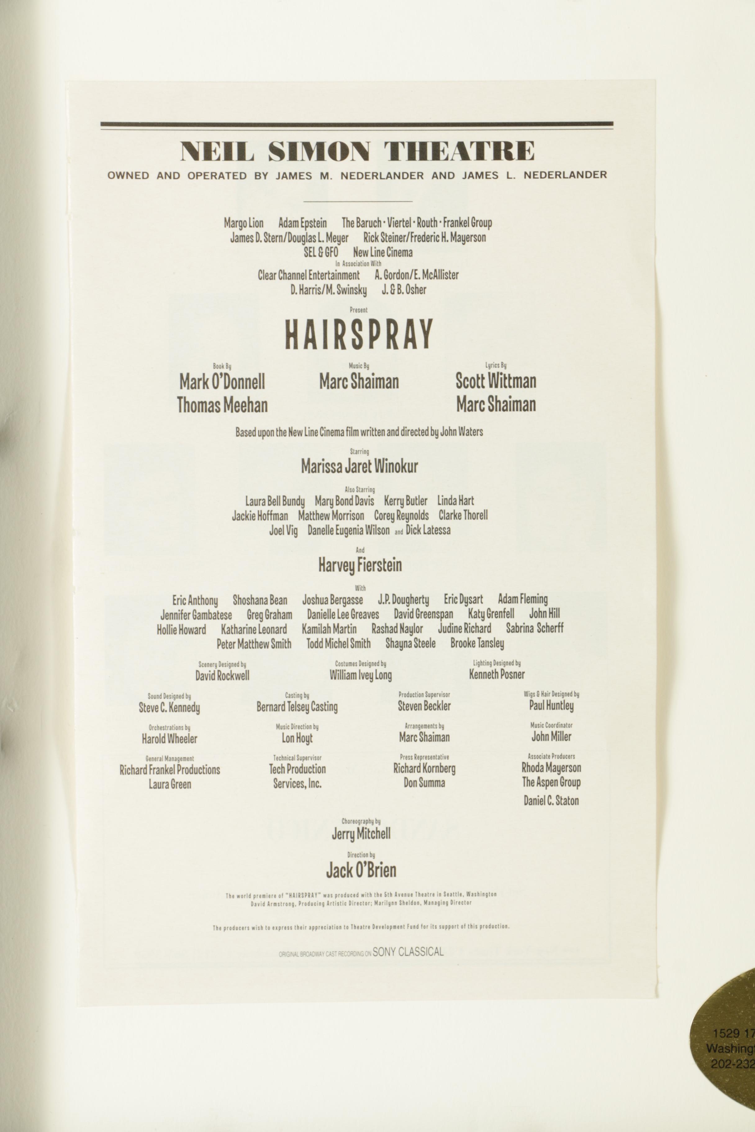 Harvey Fierstein Autographed Playbill of "Hairspray" with Tickets