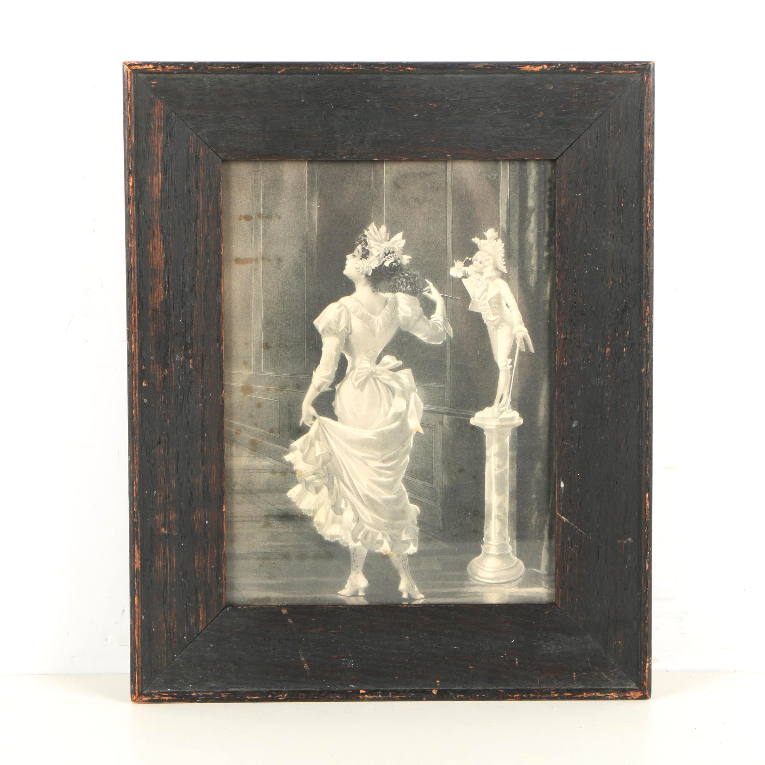 Lithograph of a Woman and Statue in a Hall