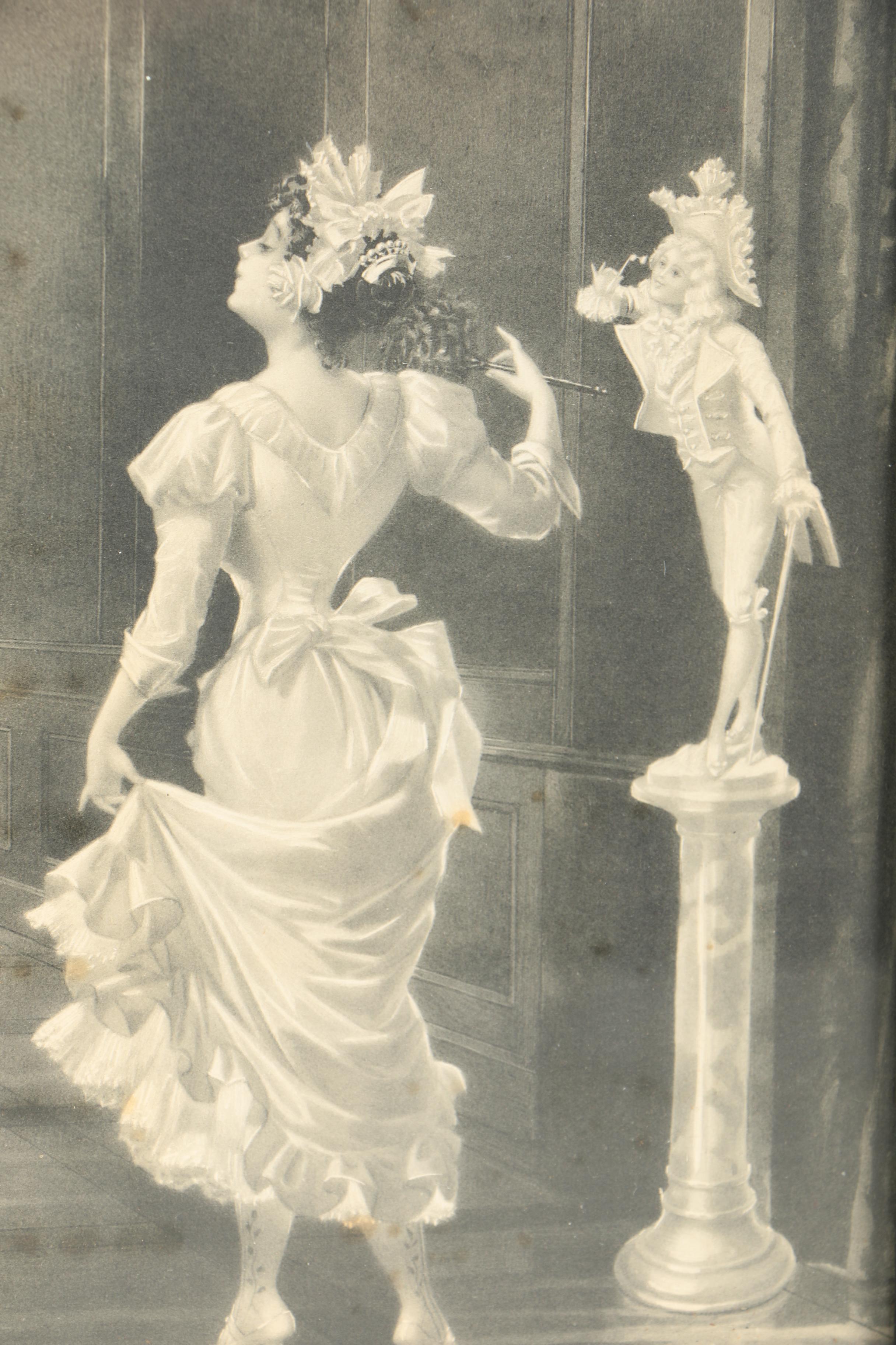 Lithograph of a Woman and Statue in a Hall