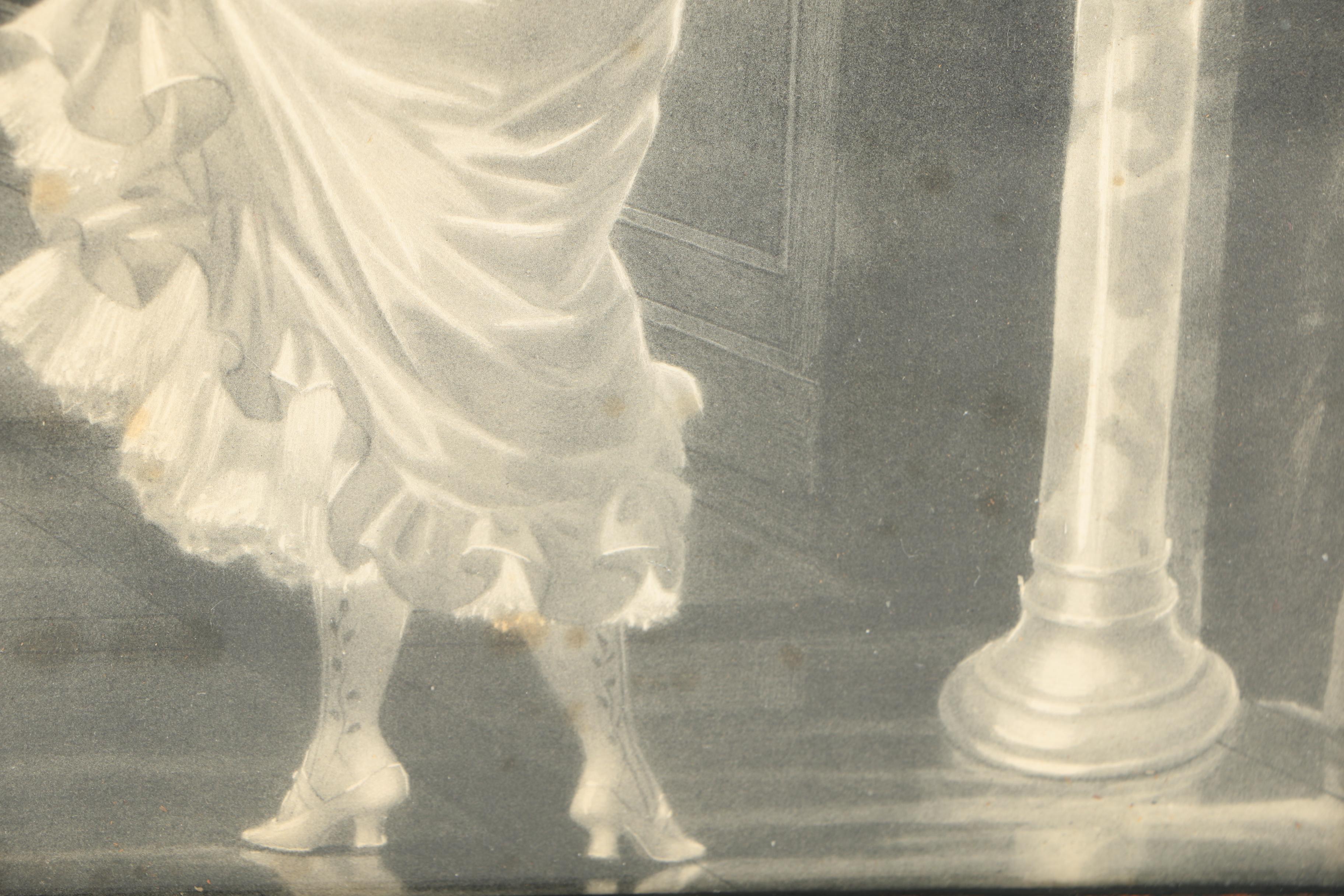 Lithograph of a Woman and Statue in a Hall