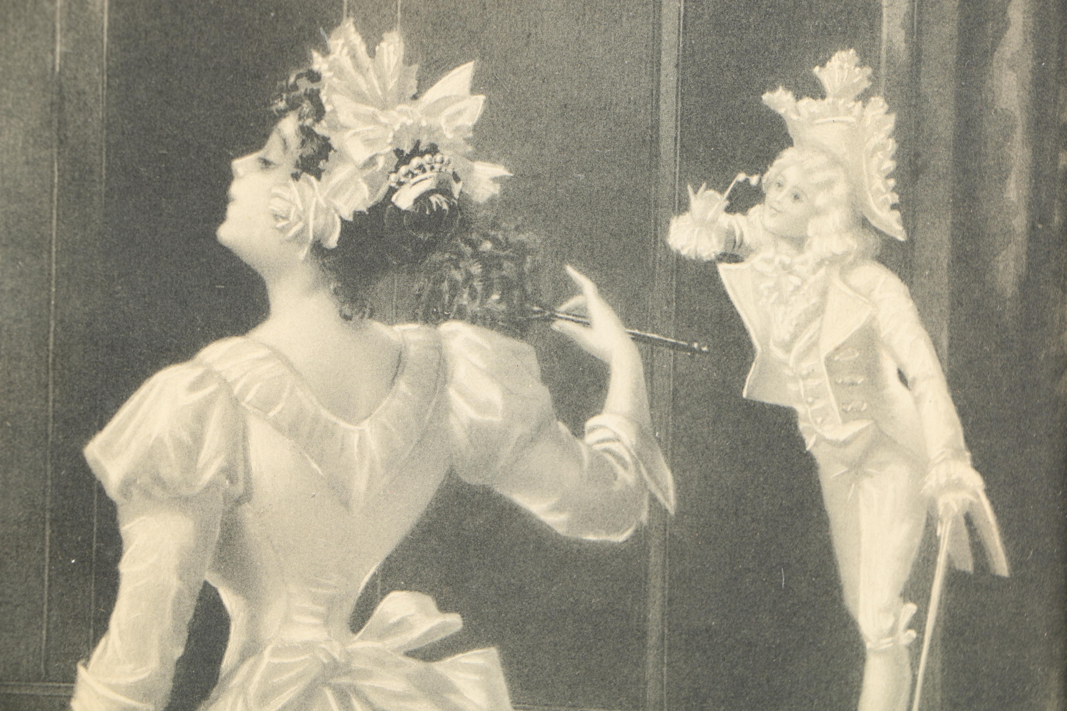 Lithograph of a Woman and Statue in a Hall