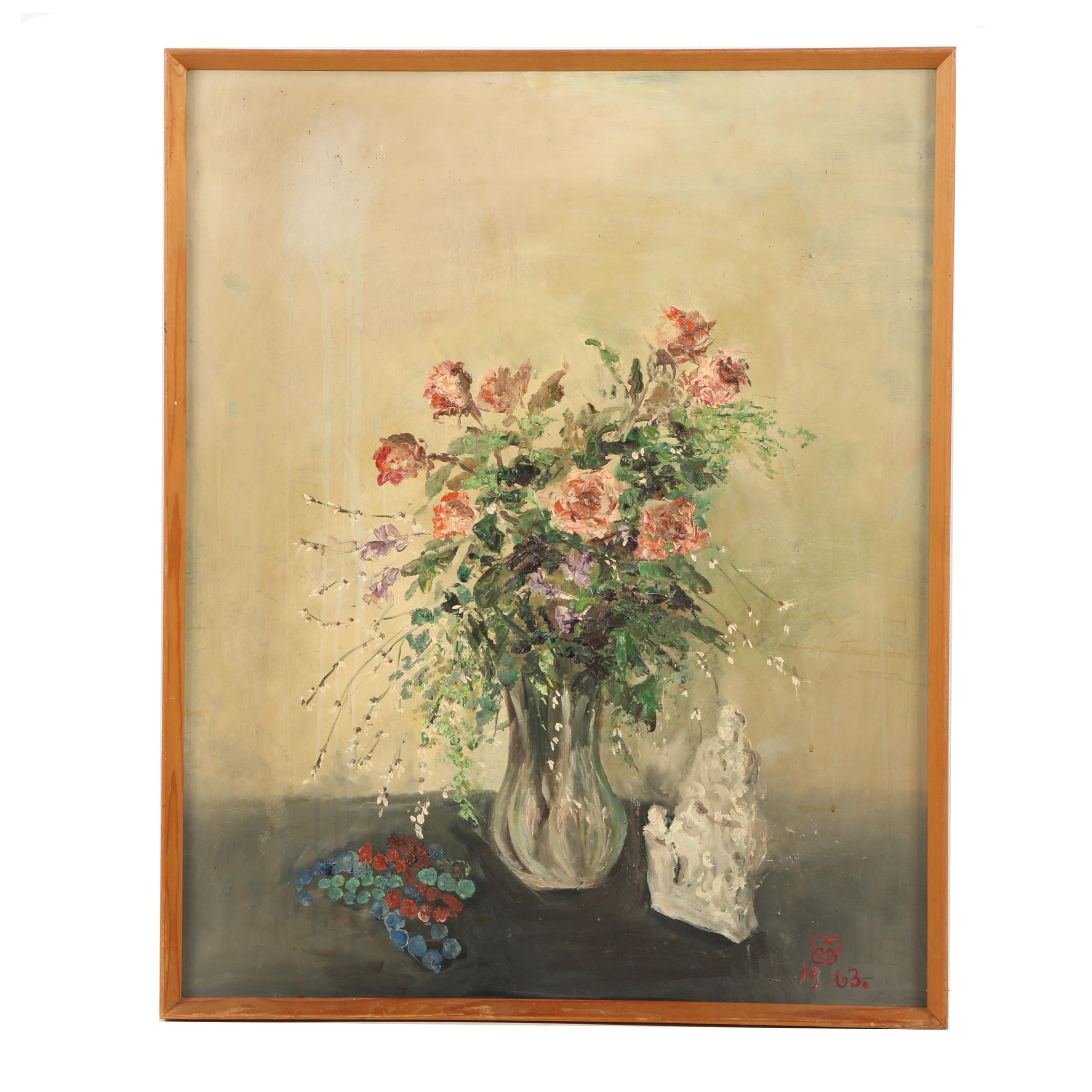 1963 Oil Painting on Panel of Still Life with Flowers