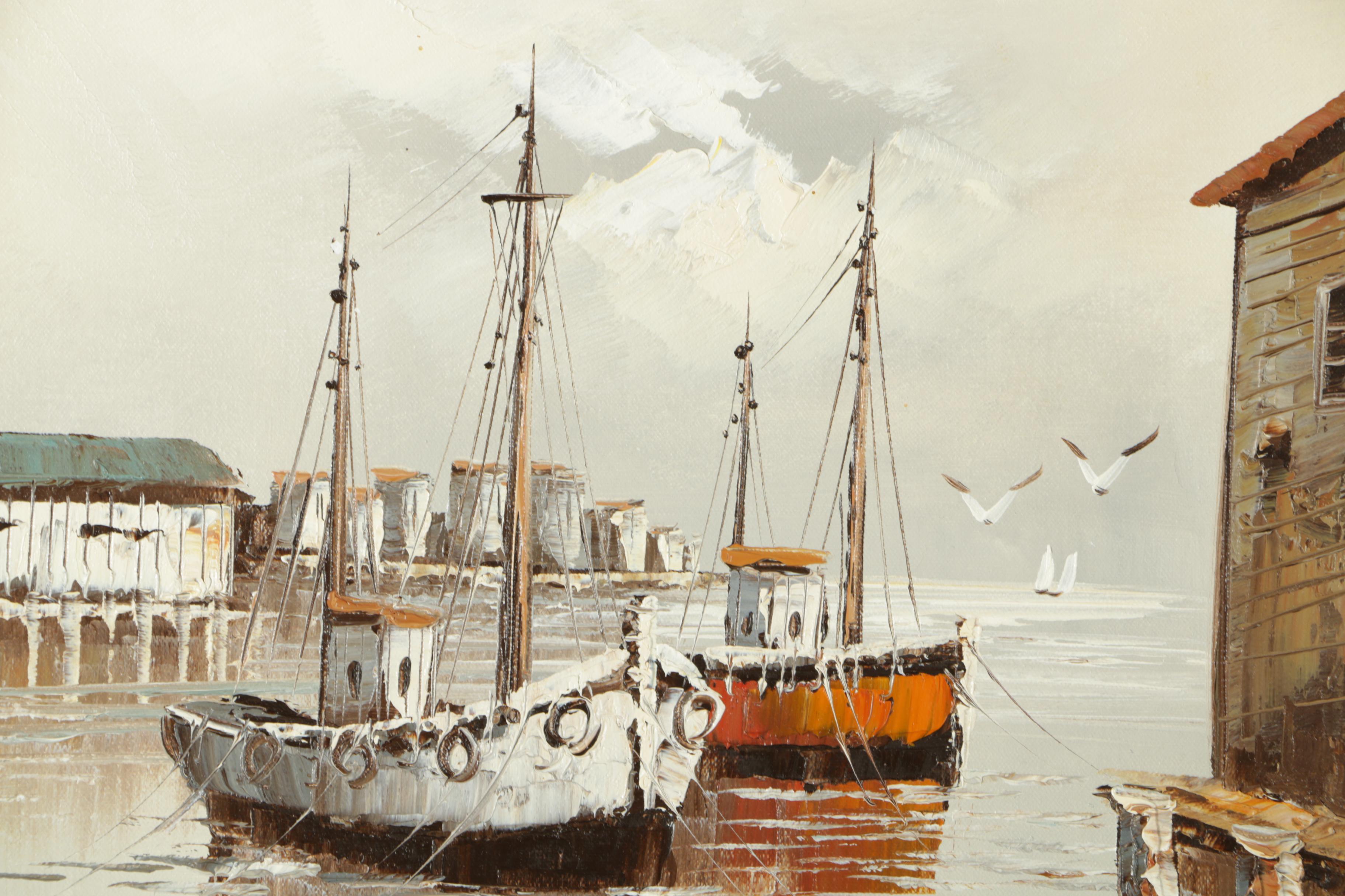 W. Jones Oil Painting of Docked Boats