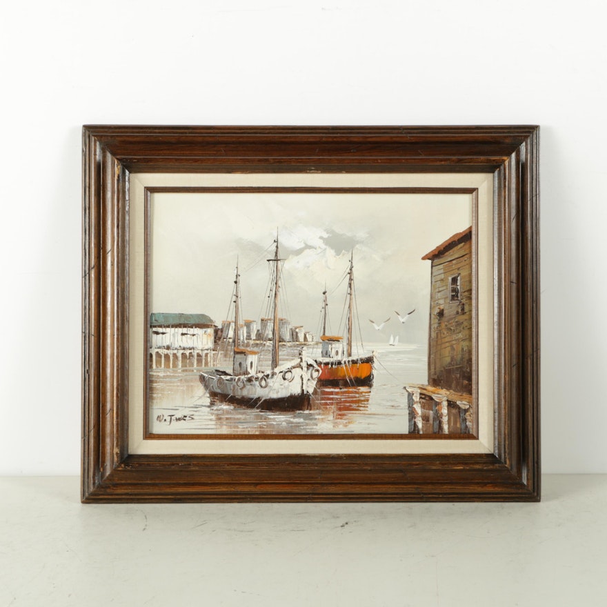 W. Jones Oil Painting of Docked Boats