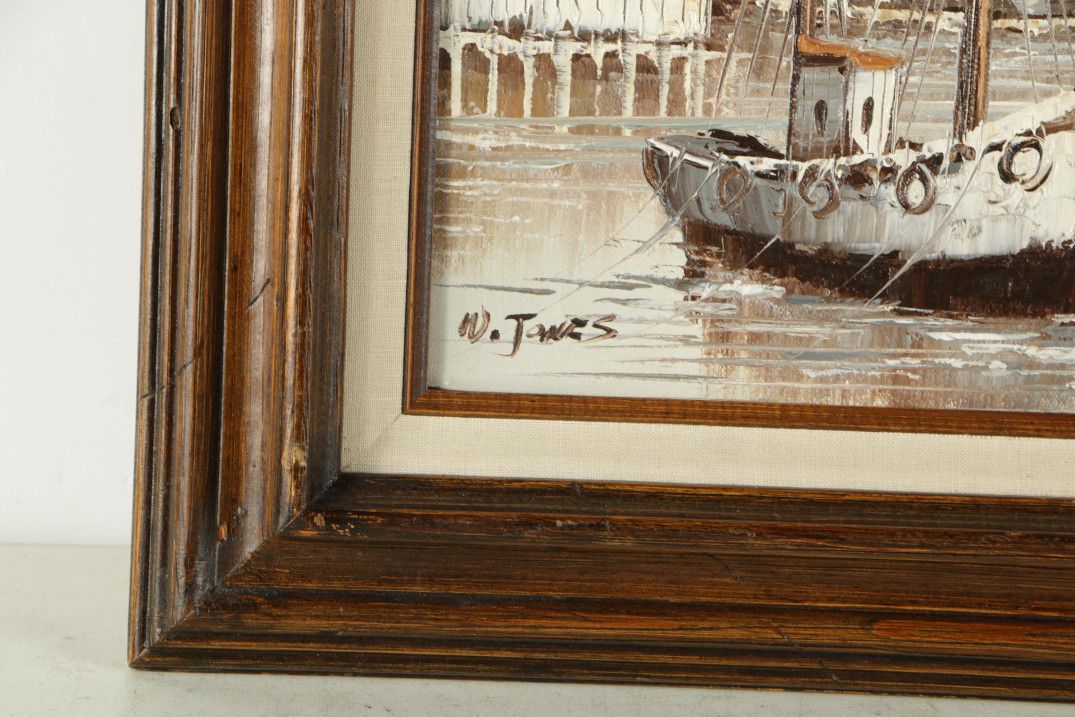 W. Jones Oil Painting of Docked Boats