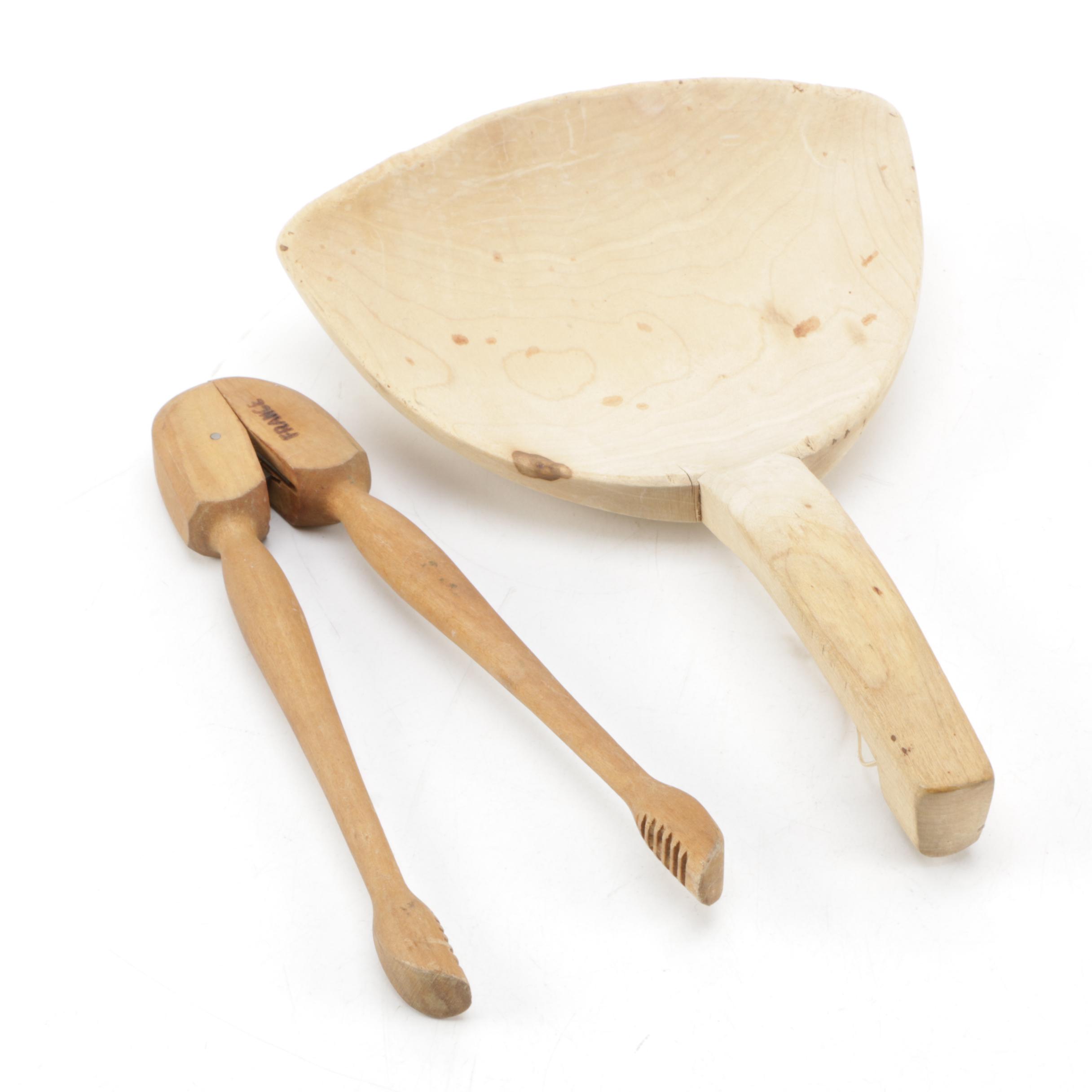 Wooden Tongs and Butter Paddle
