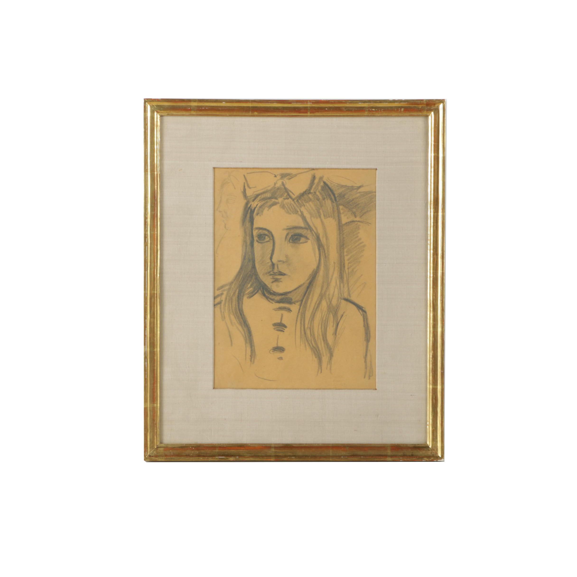 Jean Marchand Graphite Drawing of Young Girl
