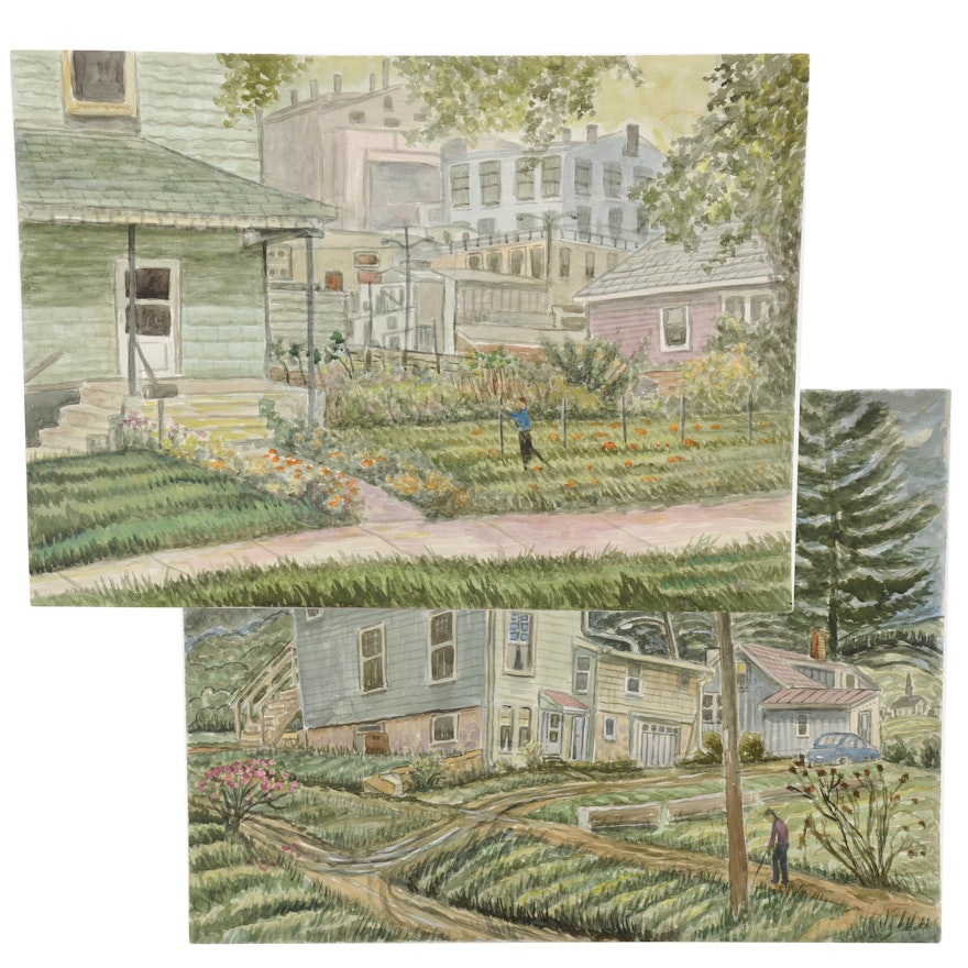 Robert Lahmann Pair of Signed Watercolor Paintings of Suburban Landscapes