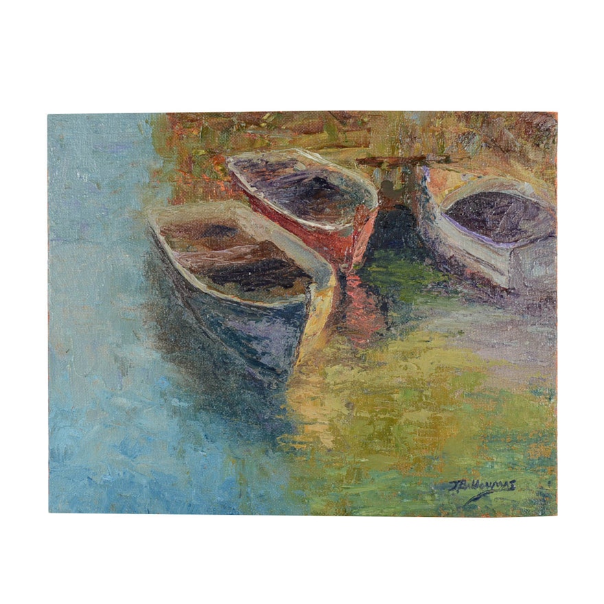 James Baldoumas Oil on Canvas Board "Three Boats"