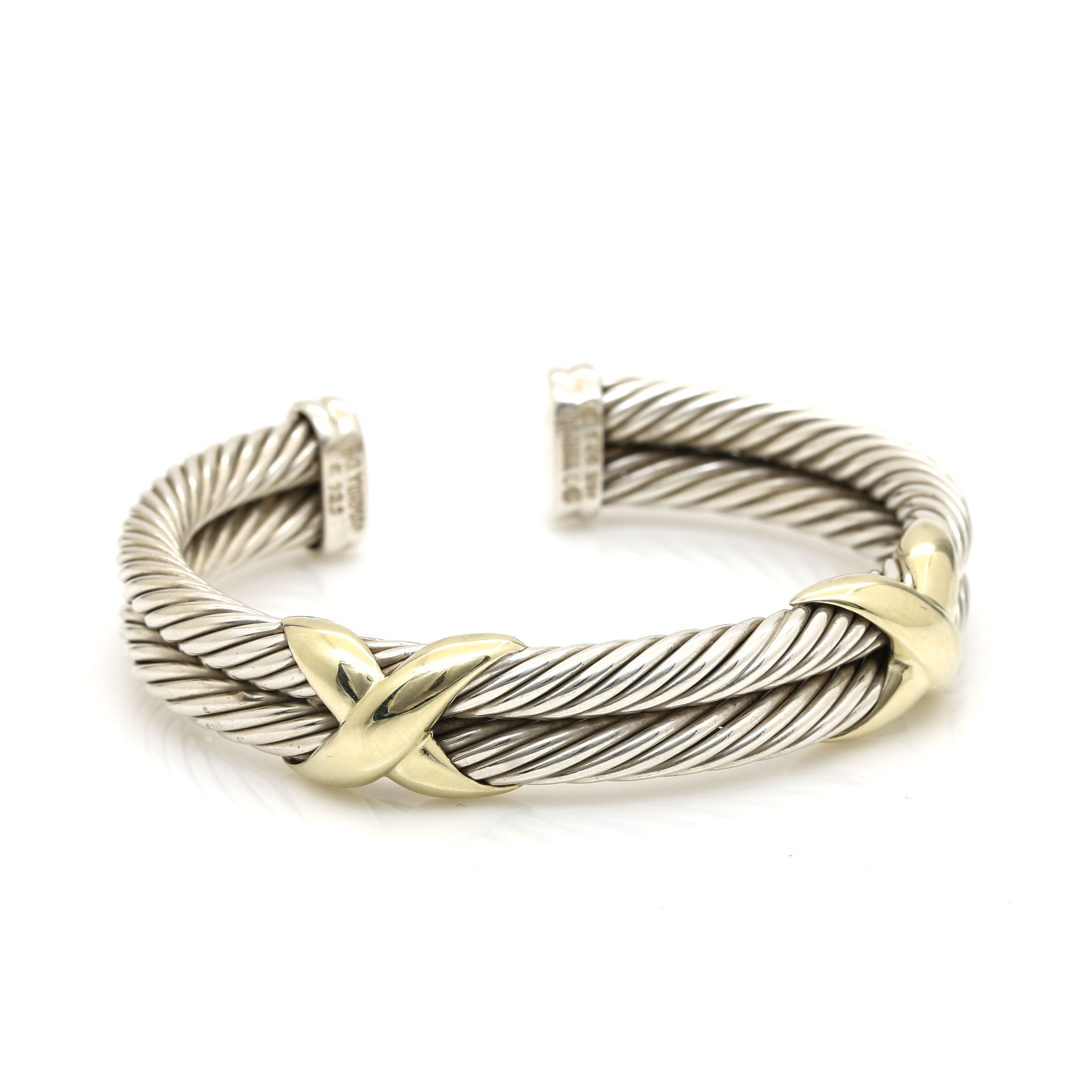 David Yurman Sterling Silver and 14K Yellow Gold "Double X" Cable Bracelet