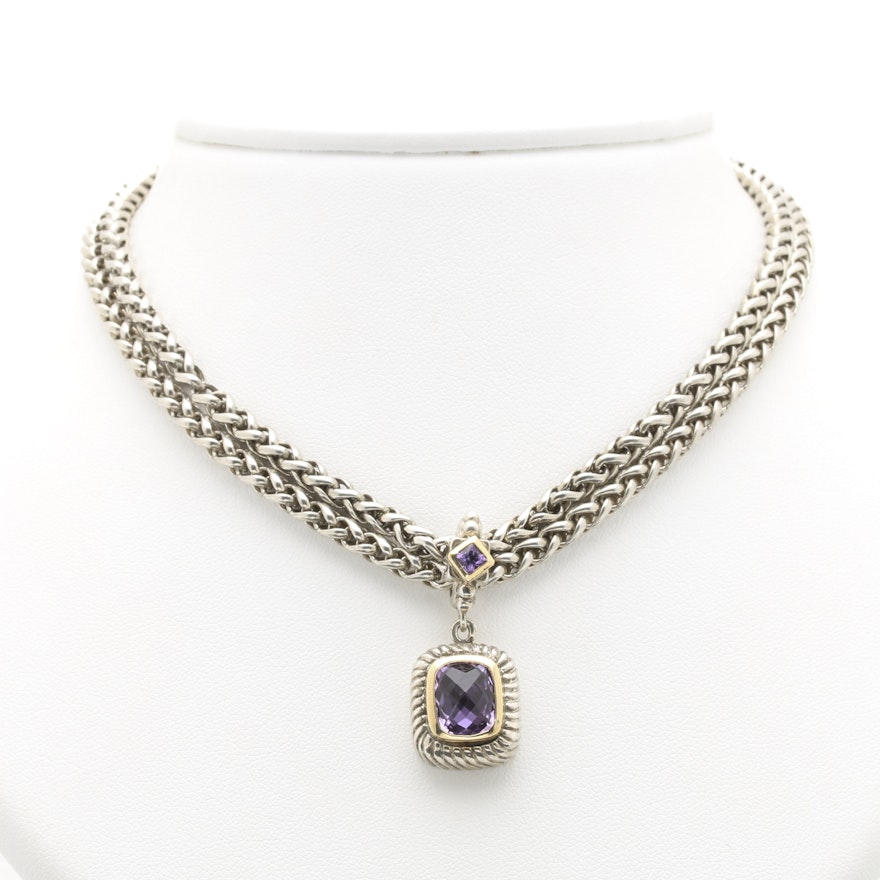 Flli Menegatti Sterling Silver Amethyst Necklace With 18K Yellow Gold Accents