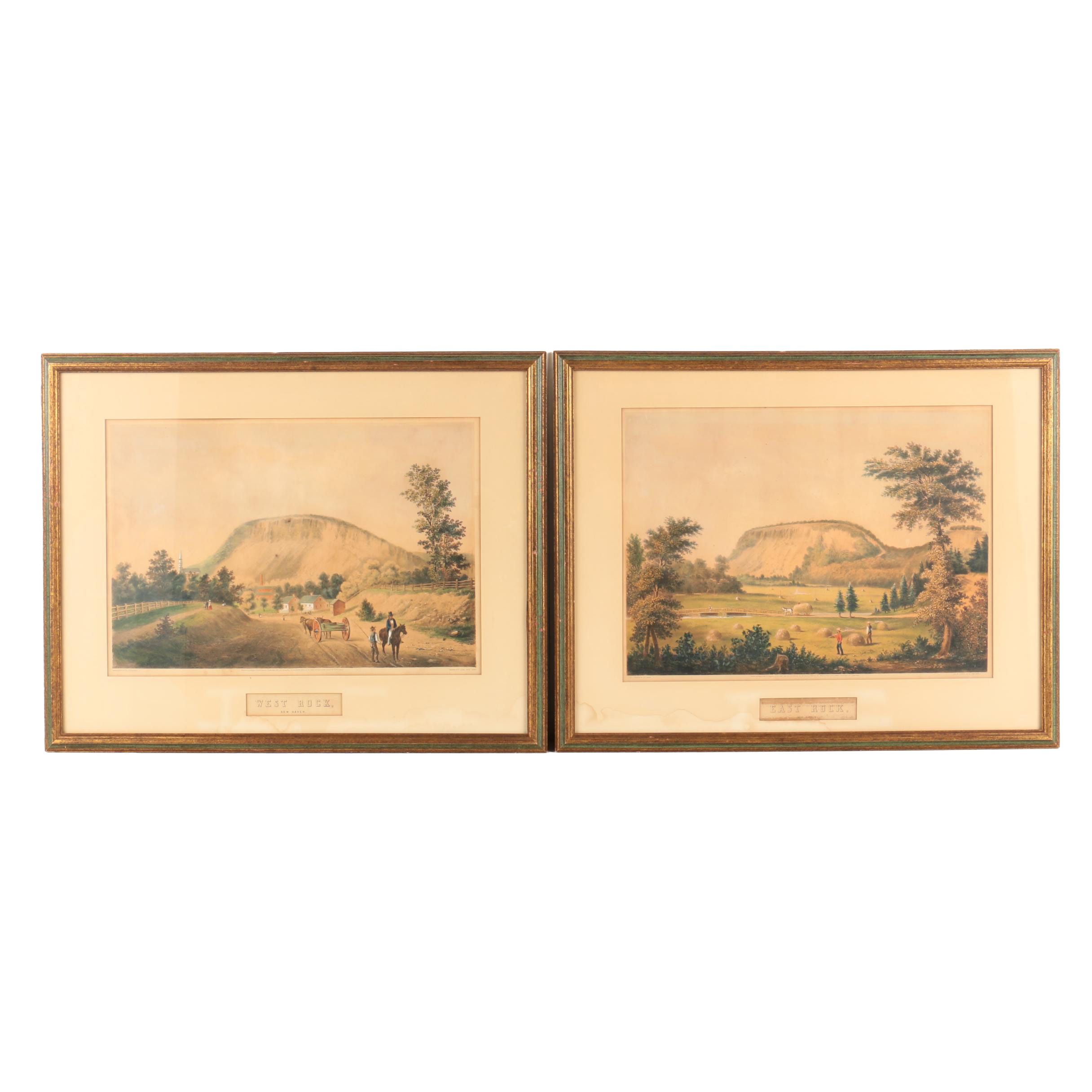 Rare Pair of G. H. Durrie Hand Colored Lithographs "East Rock" and "West Rock"