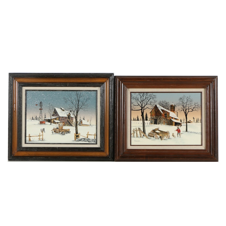 H. Hargrove and C. Carson Oil Paintings of Snowy Barns
