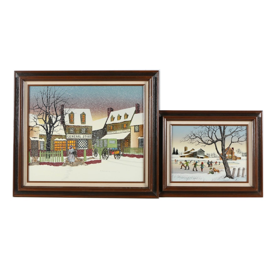 H. Hargrove Hand Painted Serigraph Prints on Canvas of Winter Scenes