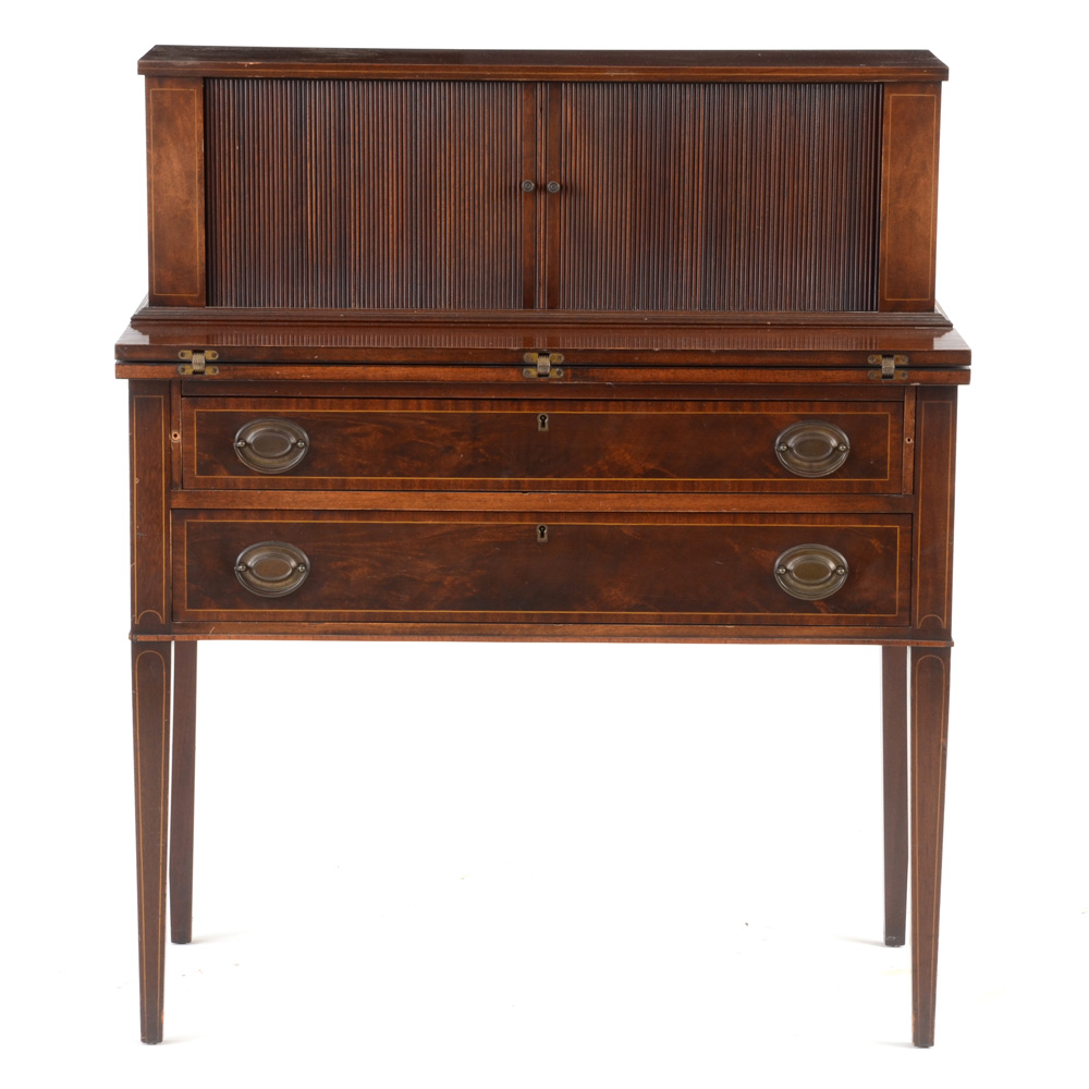 Hepplewhite Style Mahogany Tambour Secretary Desk by Maddox Tables