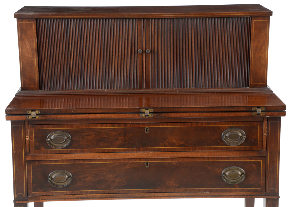 Hepplewhite Style Mahogany Tambour Secretary Desk by Maddox Tables