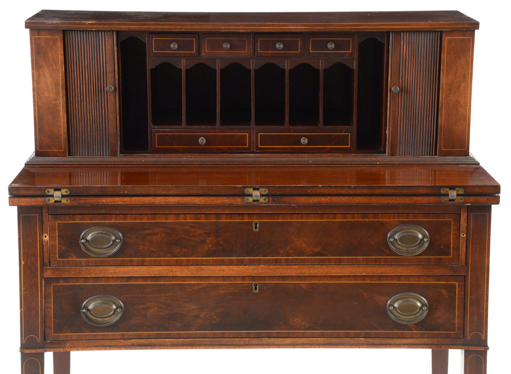 Hepplewhite Style Mahogany Tambour Secretary Desk by Maddox Tables