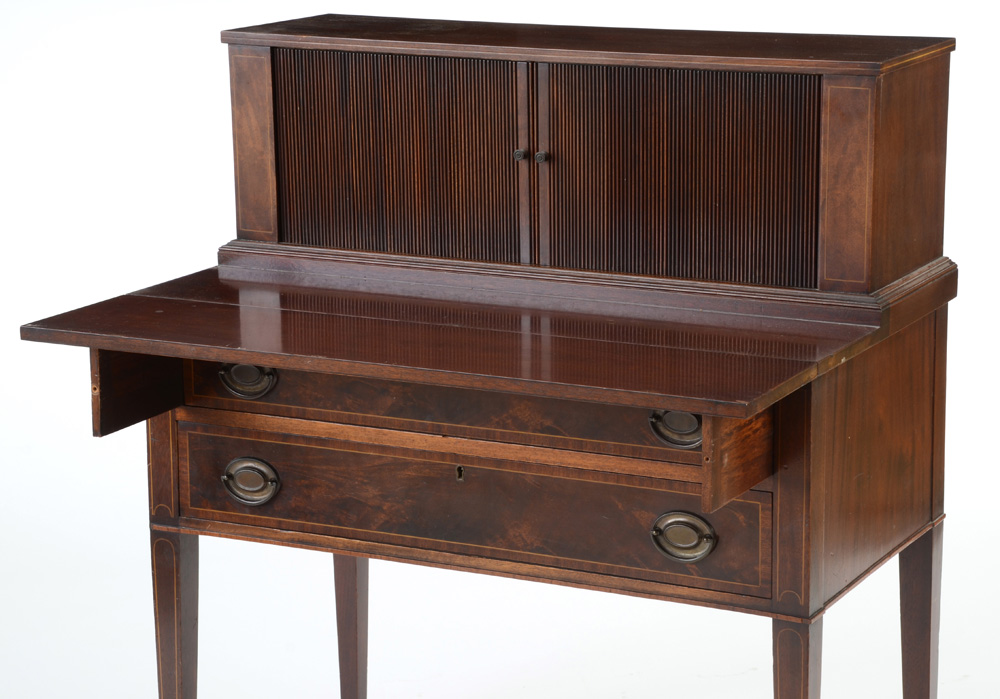 Hepplewhite Style Mahogany Tambour Secretary Desk by Maddox Tables