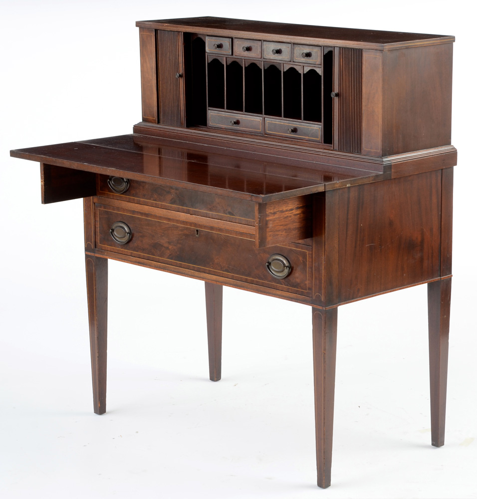 Hepplewhite Style Mahogany Tambour Secretary Desk by Maddox Tables