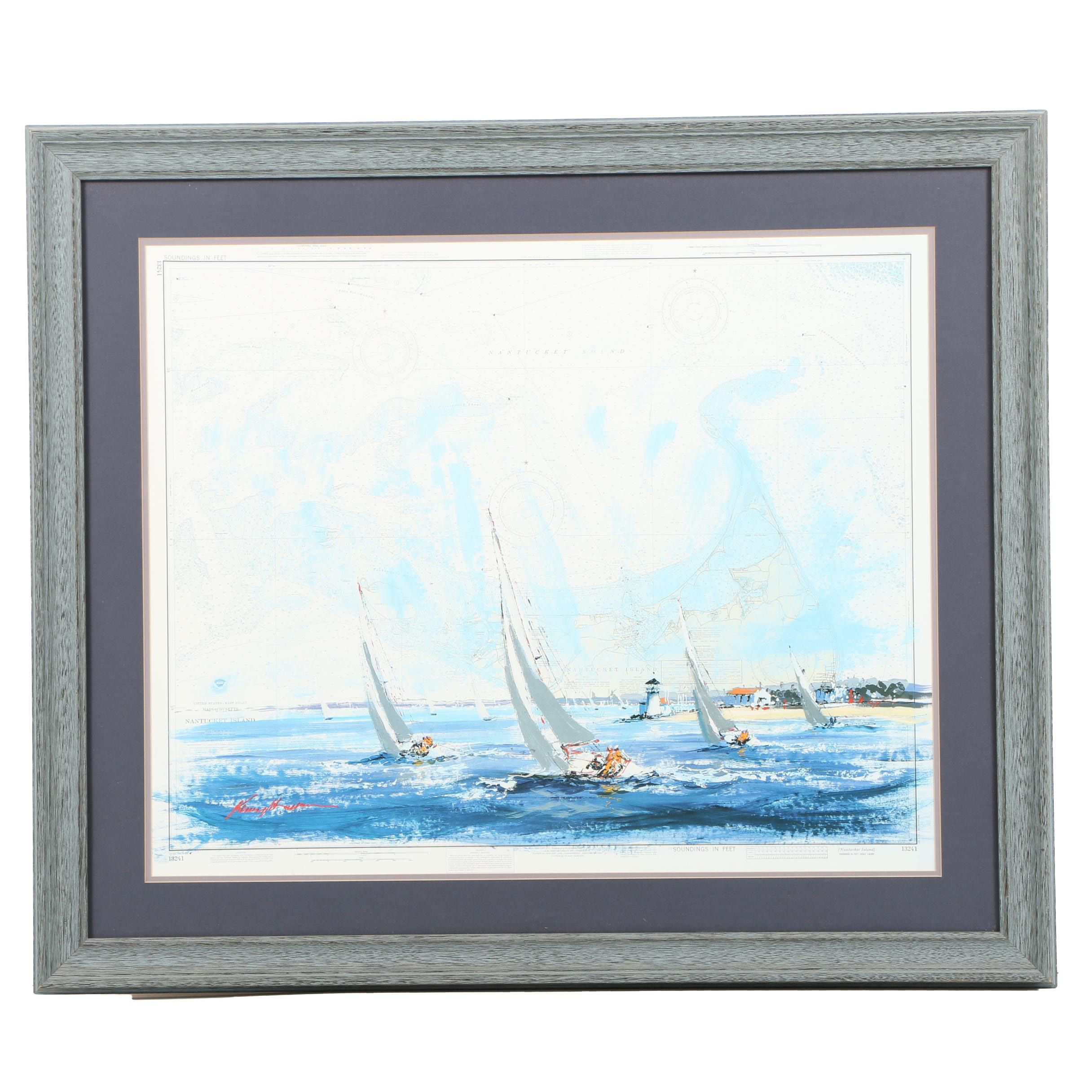 Reproduction Print of Nantucket Sound Map with Boats