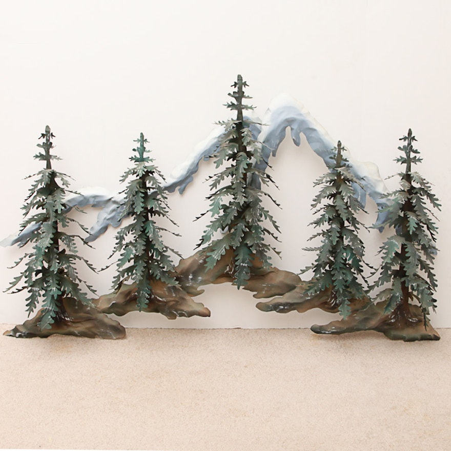 Metal Sculpture of a Woodland Scene with Snowy Mountains