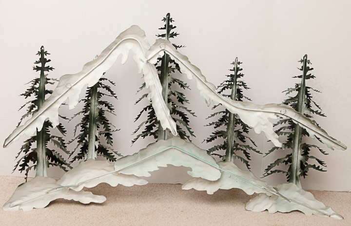 Metal Sculpture of a Woodland Scene with Snowy Mountains