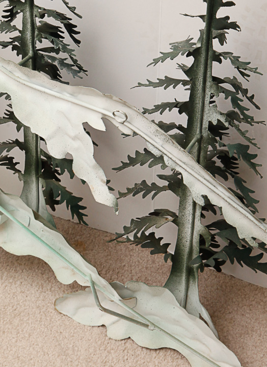 Metal Sculpture of a Woodland Scene with Snowy Mountains