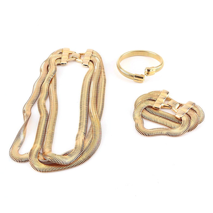 Vintage Gold Tone Cobra Jewelry Featuring a Demi Parure and Bypass Bracelet