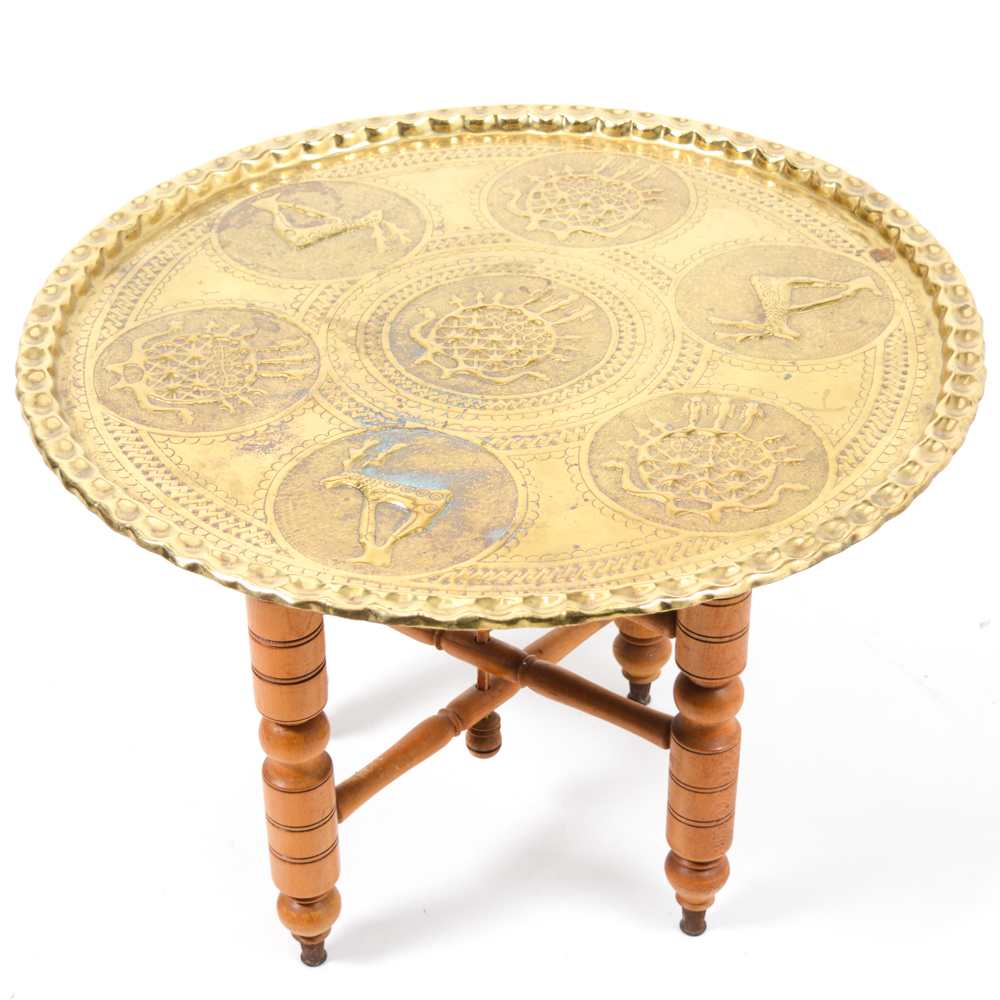 Vintage Turkish Brass and Wood Coffee Table