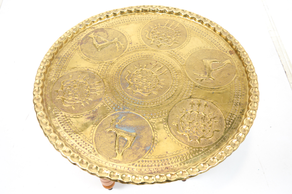 Vintage Turkish Brass and Wood Coffee Table