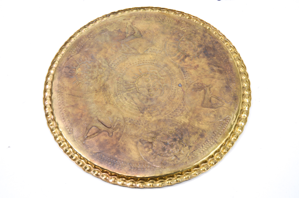 Vintage Turkish Brass and Wood Coffee Table