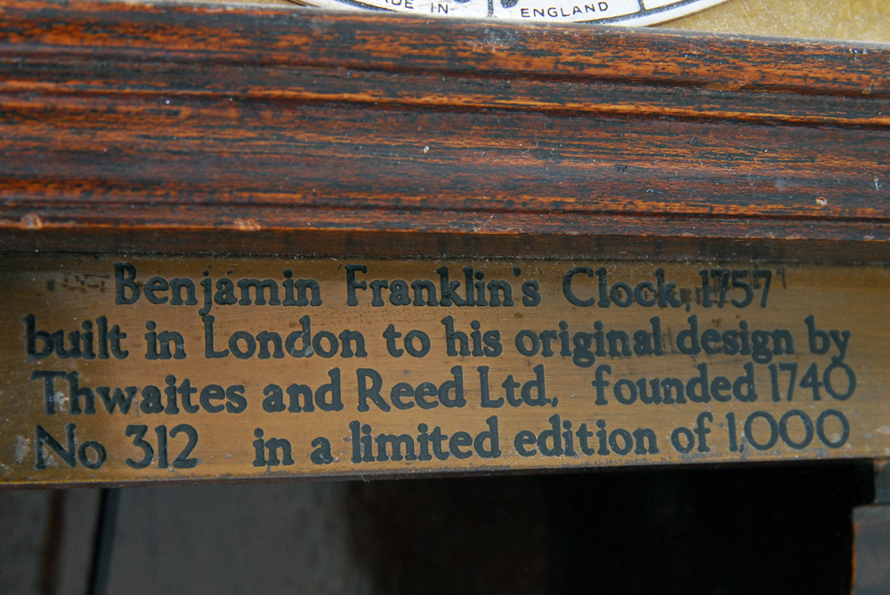 Vintage Limited Edition Reproduction of Benjamin Franklin's Clock of 1757