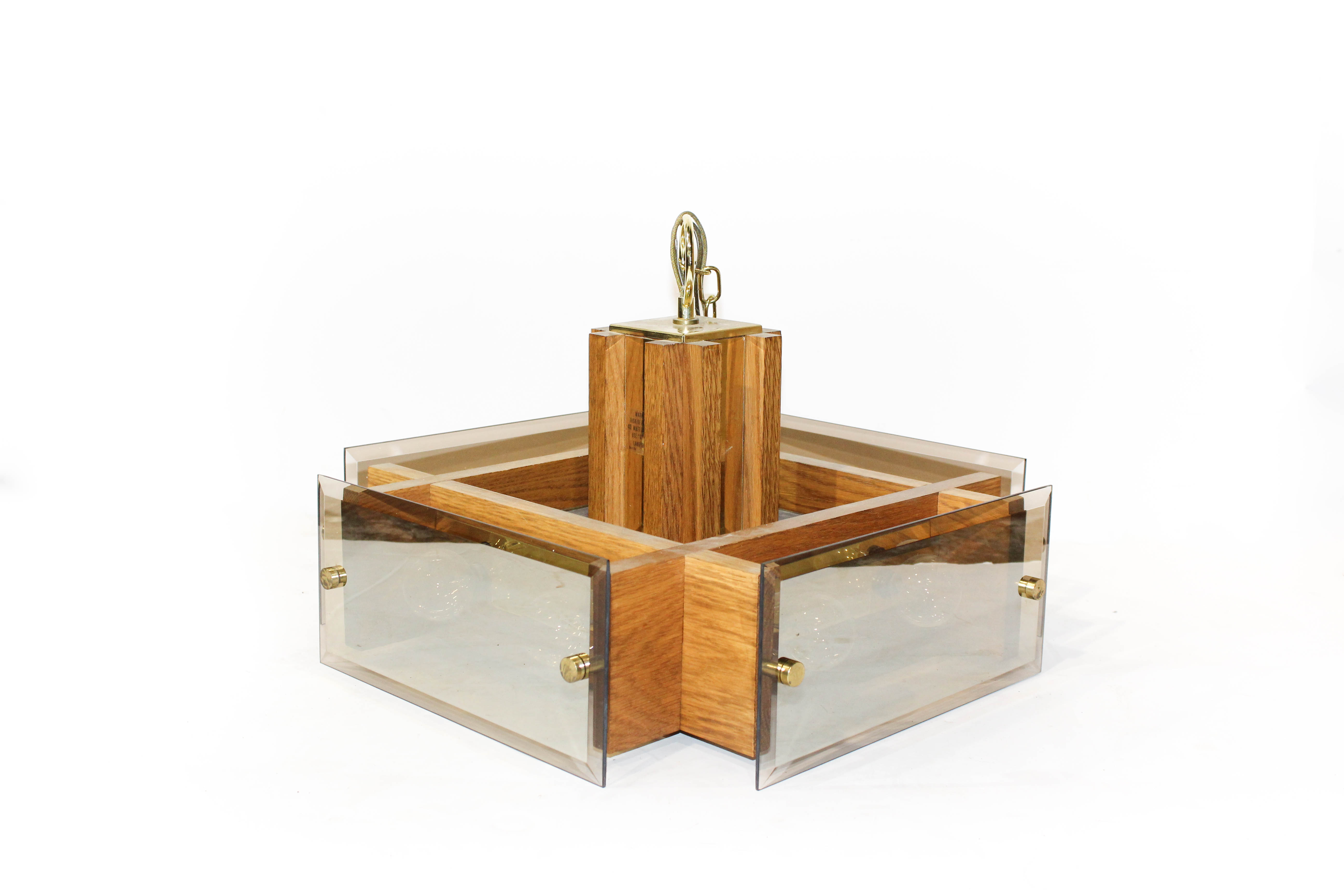 Mid-Century Oak and Glass Hanging Light Fixture