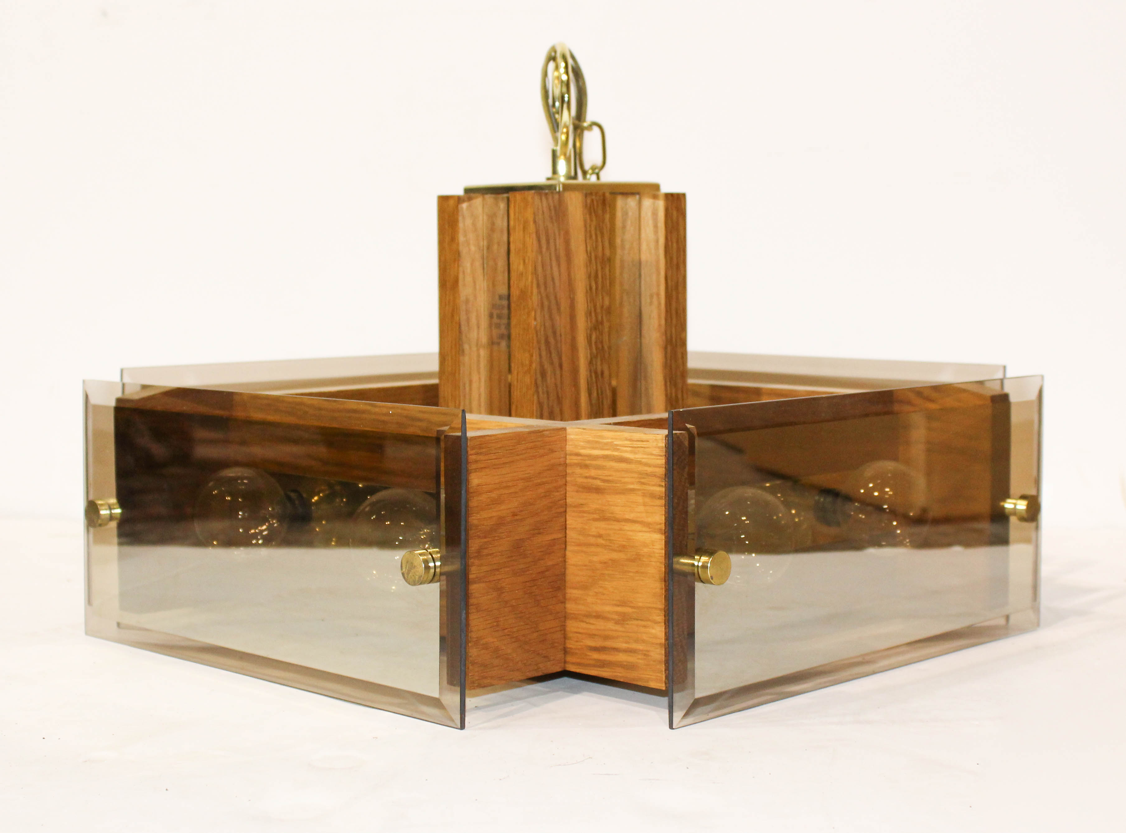 Mid-Century Oak and Glass Hanging Light Fixture