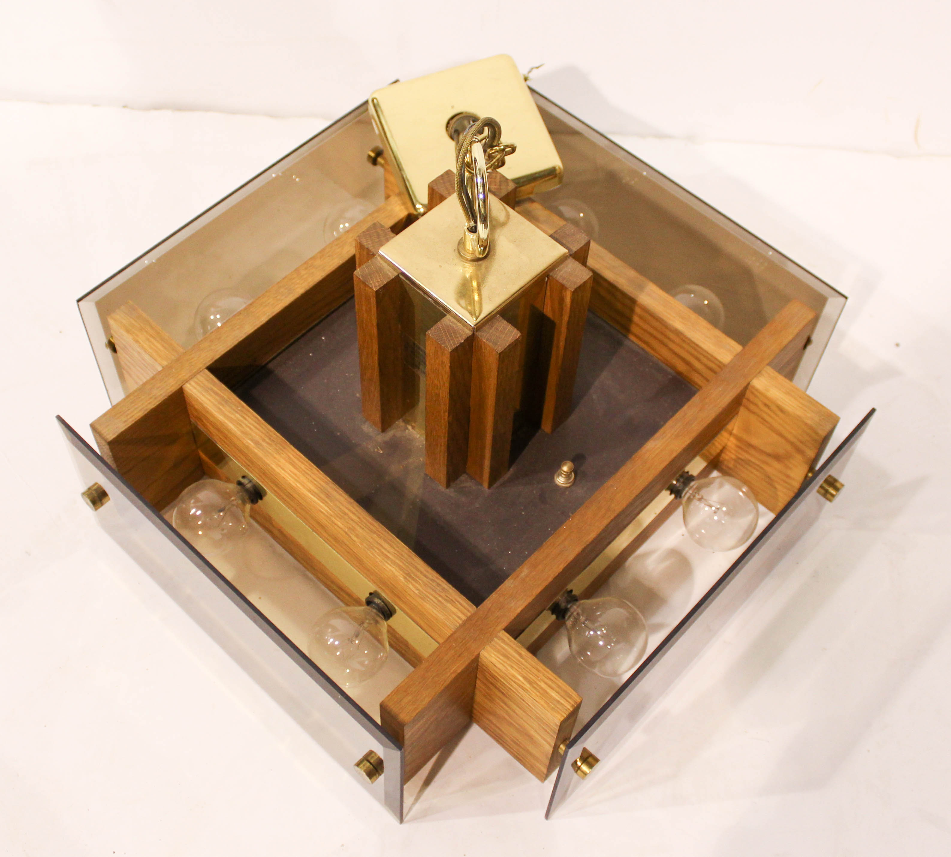 Mid-Century Oak and Glass Hanging Light Fixture