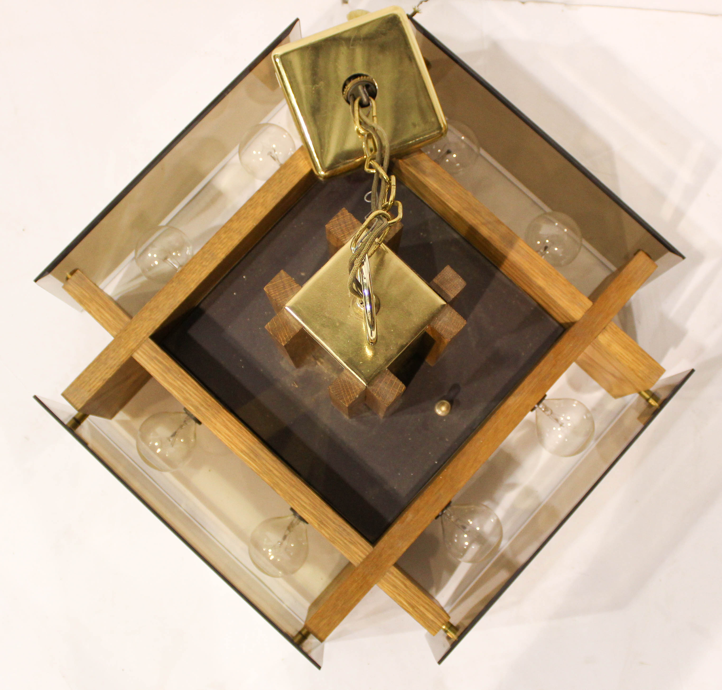 Mid-Century Oak and Glass Hanging Light Fixture