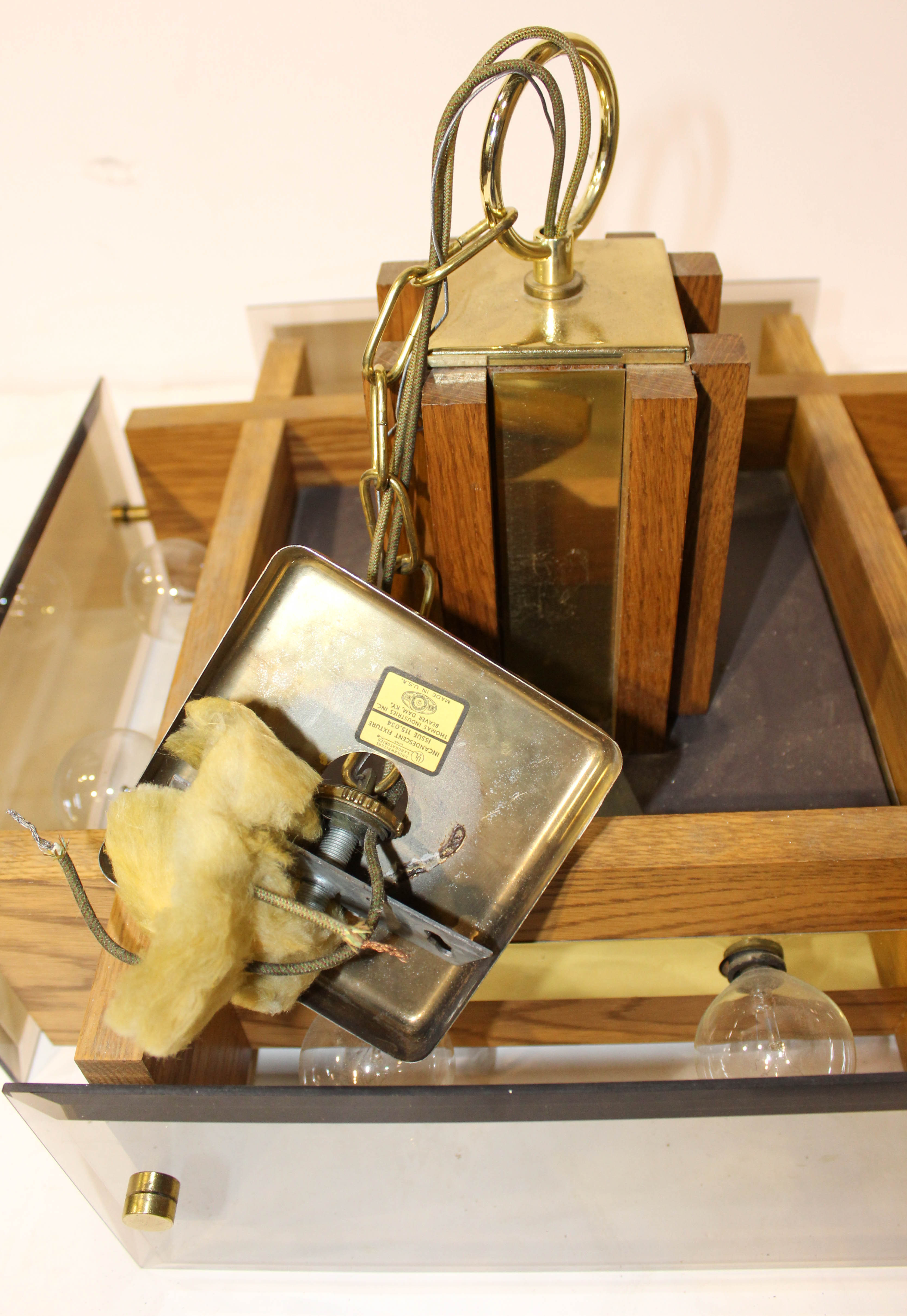 Mid-Century Oak and Glass Hanging Light Fixture