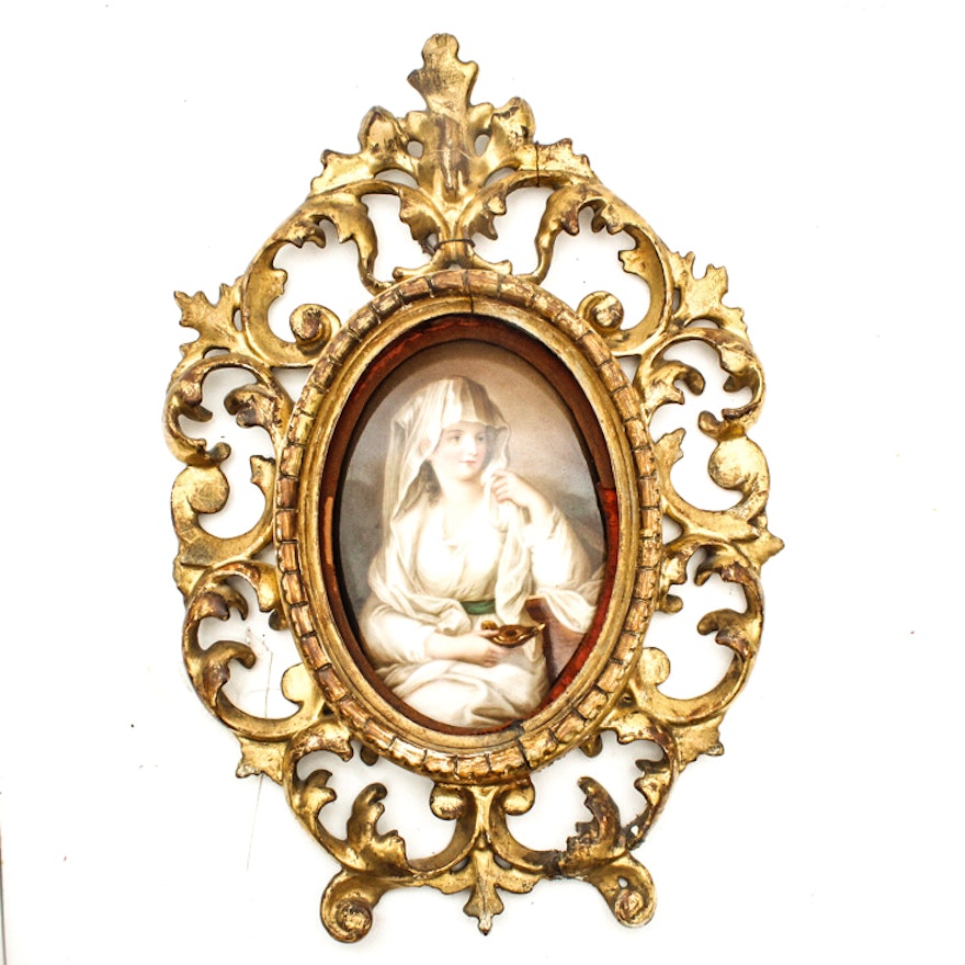 Antique Painted Portrait On Porcelain "Lady With The Mantilla" In Ornate Frame