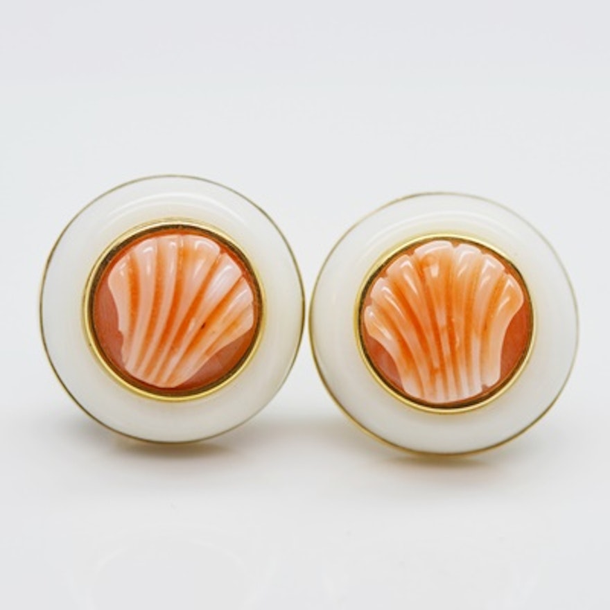 Trianon 14K Yellow Gold Coral and Shell Clip On Earrings